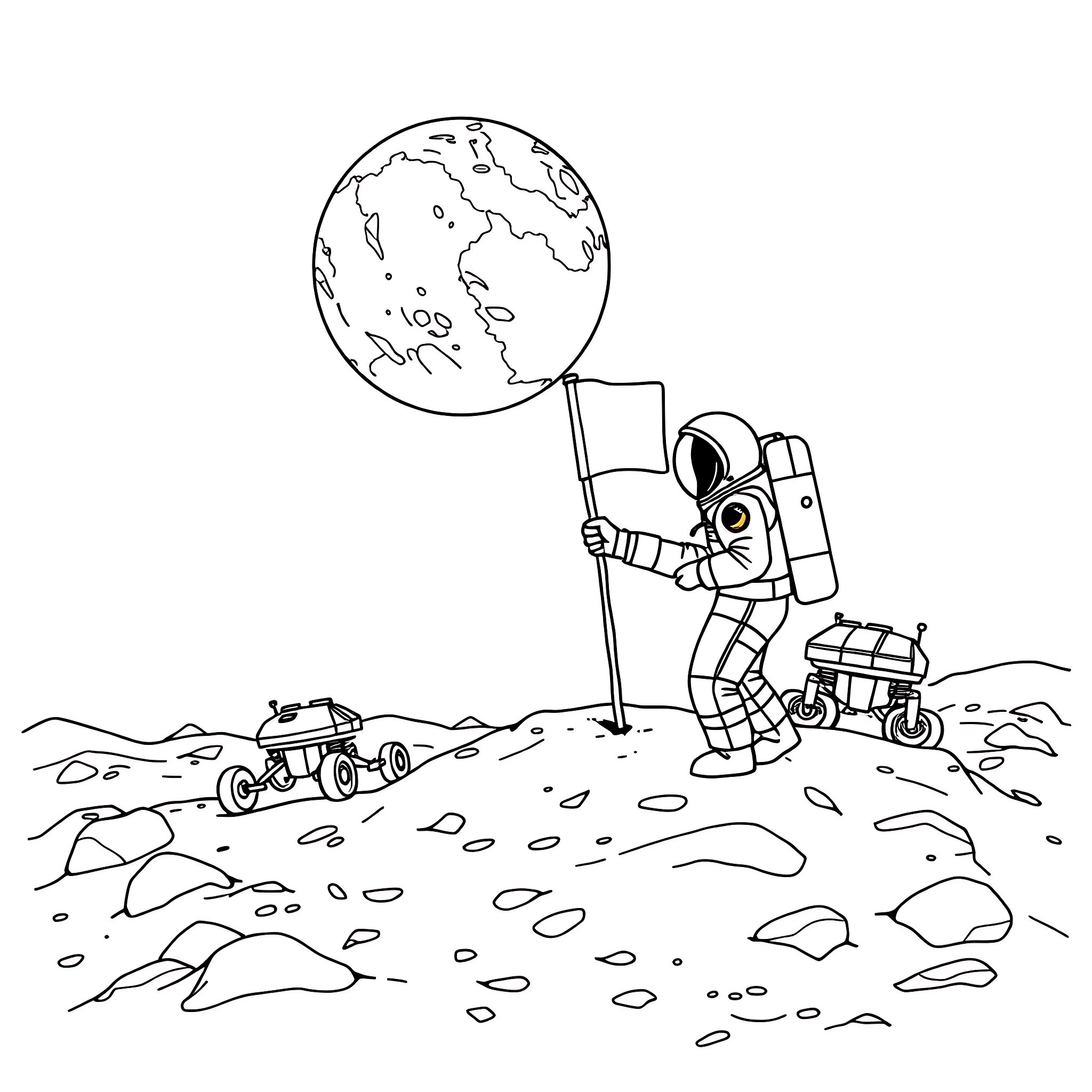 Solar System Discovery Mission with Astronauts Coloring Page (free black-and-white line drawing printable PDF for all, from beginners to advanced learners, including children, teens, adults, and seniors)