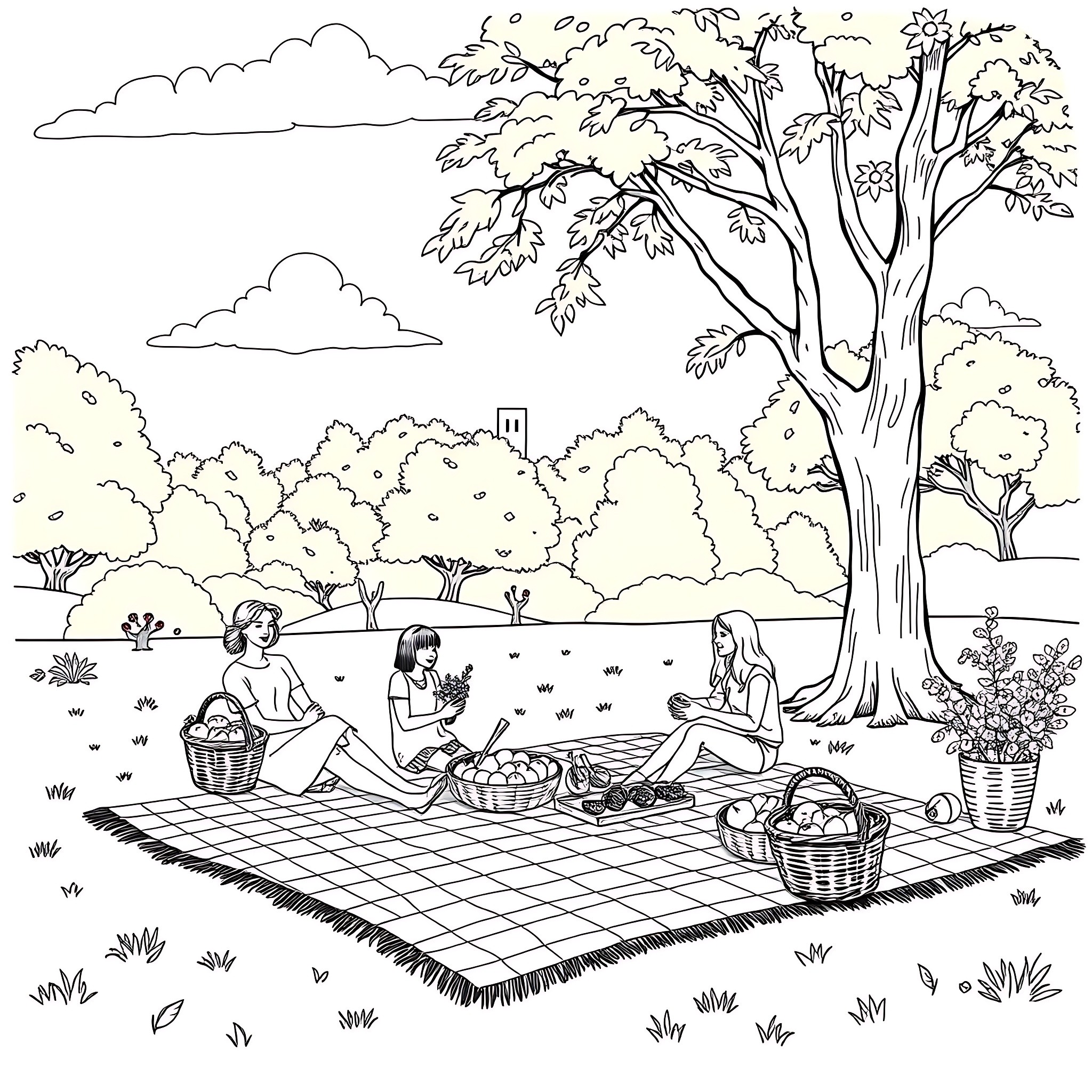 Nature's Outdoor Picnic Gathering Coloring Page (free black-and-white line drawing printable PDF for all, from beginners to advanced learners, including children, teens, adults, and seniors)