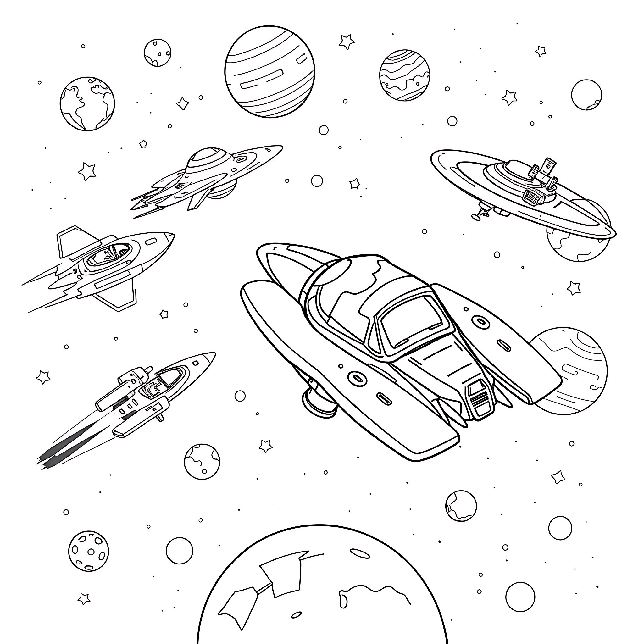 Solar System with Spaceships and Cosmic Exploration Coloring Page (free black-and-white line drawing printable PDF for all, from beginners to advanced learners, including children, teens, adults, and seniors)