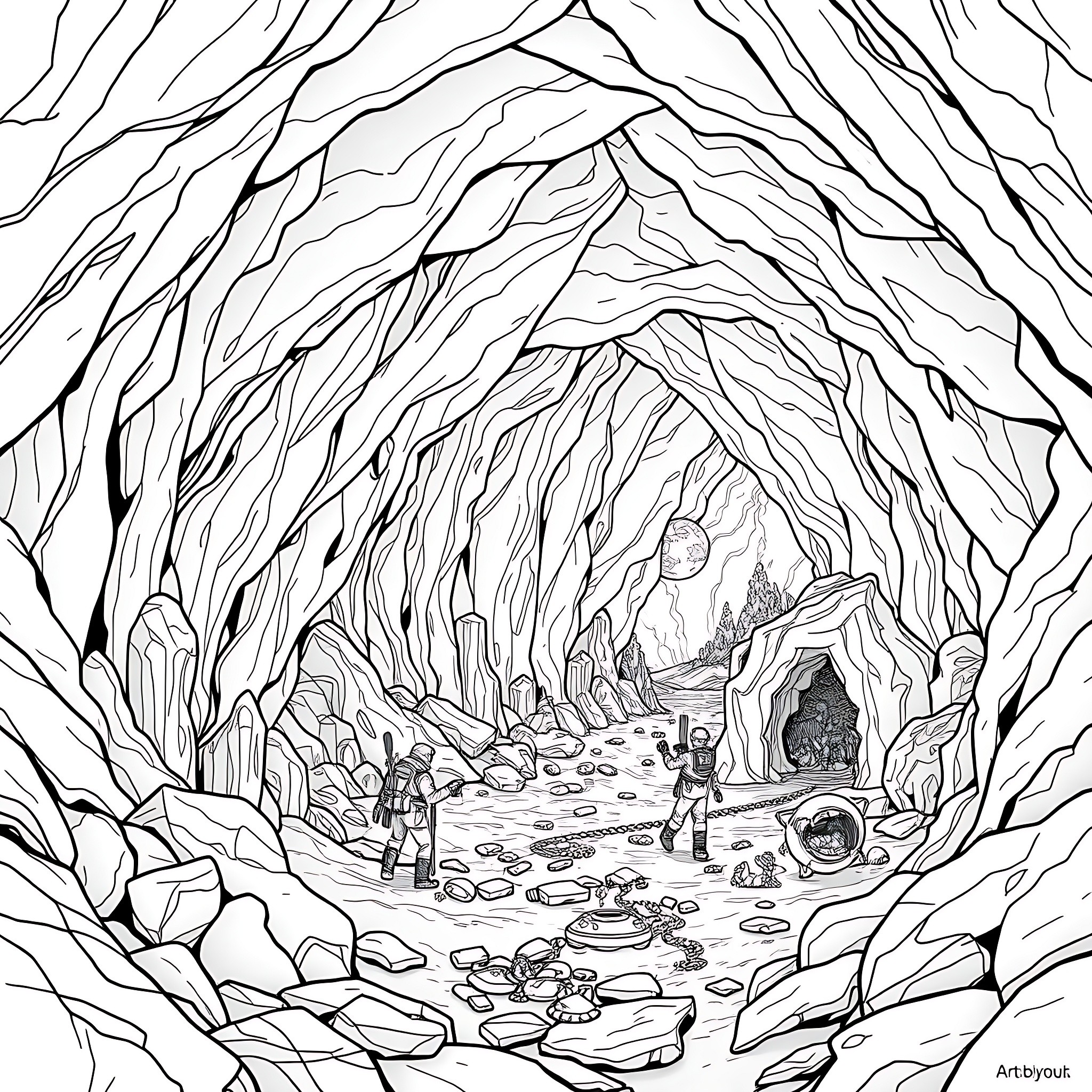 Solar System Explorers in a Crystal Cave Coloring Page (free black-and-white line drawing printable PDF for all, from beginners to advanced learners, including children, teens, adults, and seniors)