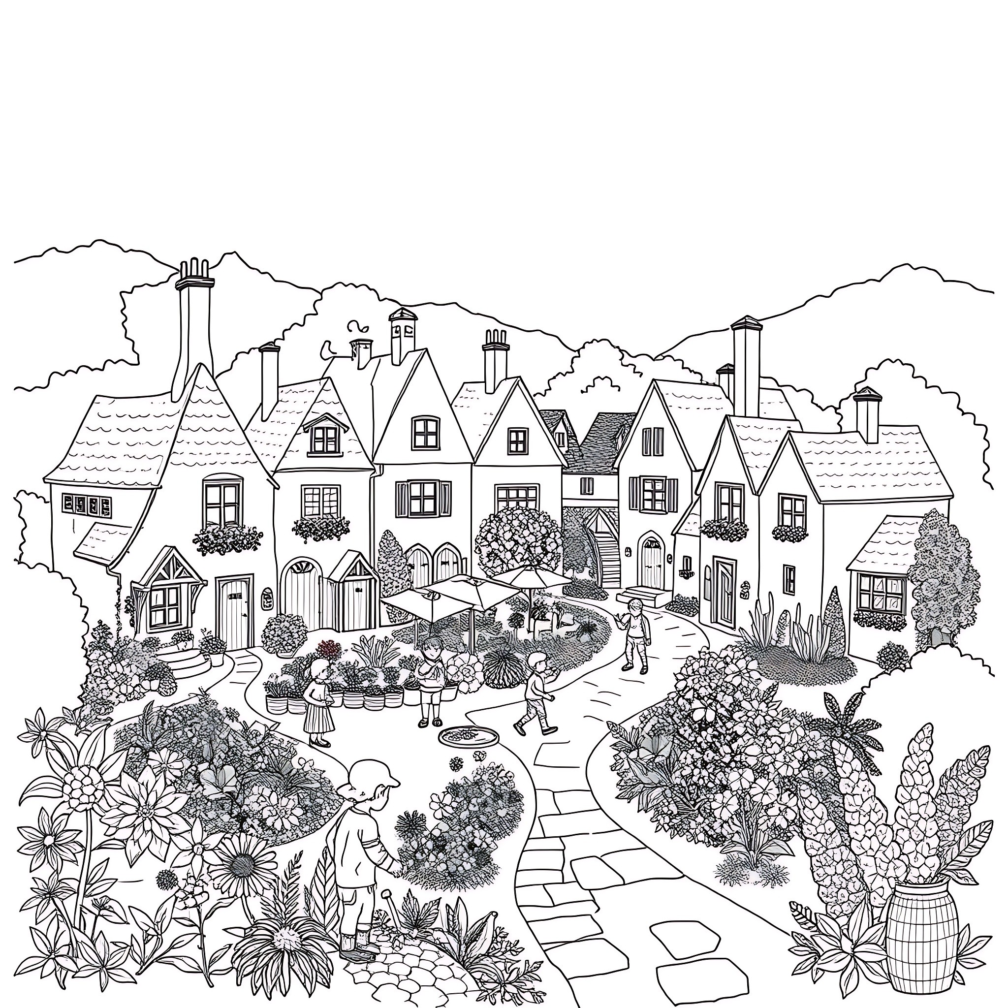 Nature's Enchanting Village: A Whimsical Landscape Coloring Page (free black-and-white line drawing printable PDF for all, from beginners to advanced learners, including children, teens, adults, and seniors)