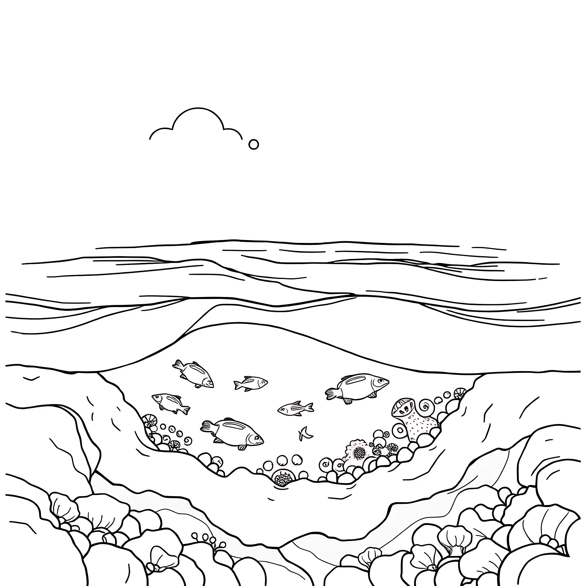 Solar System Underwater Scene with Marine Life Coloring Page (free black-and-white line drawing printable PDF for all, from beginners to advanced learners, including children, teens, adults, and seniors)