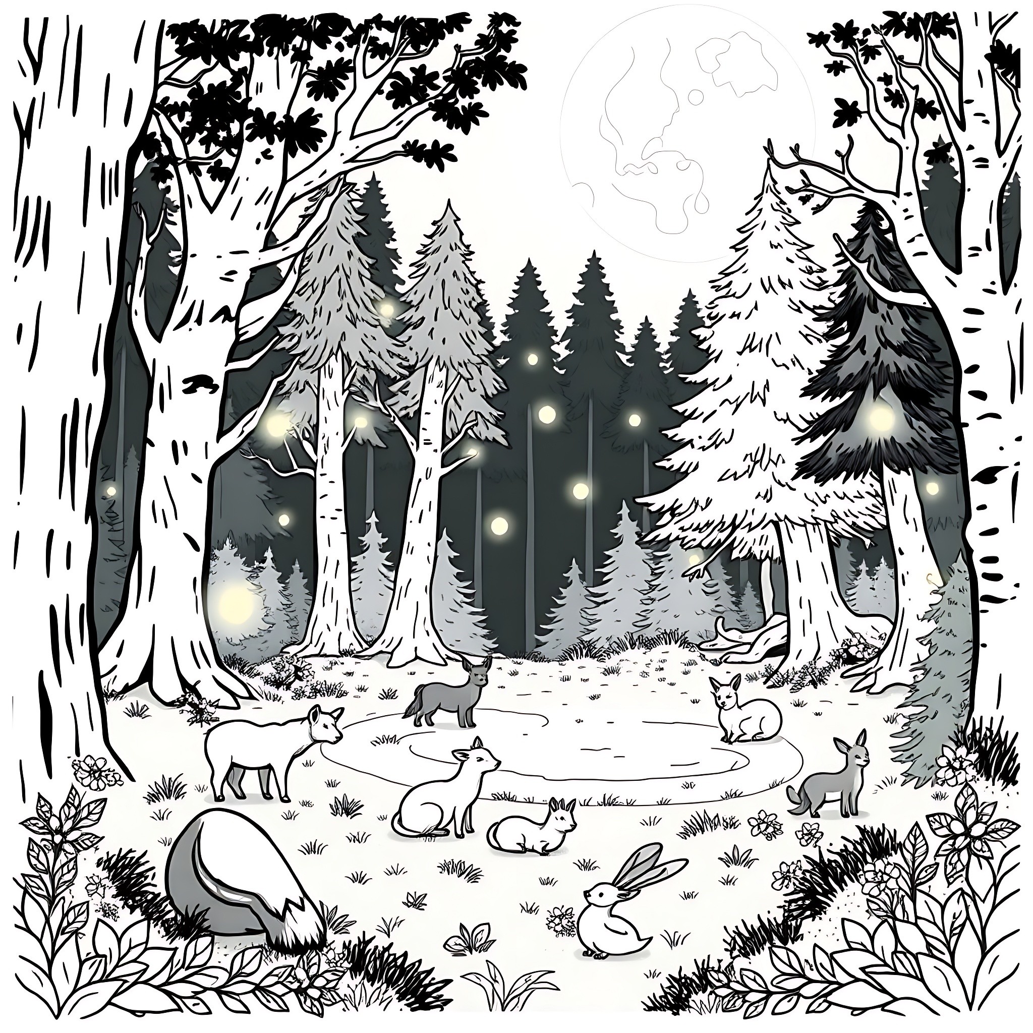 Nature scene with forest animals and glowing fireflies Coloring Page (free black-and-white line drawing printable PDF for all, from beginners to advanced learners, including children, teens, adults, and seniors)