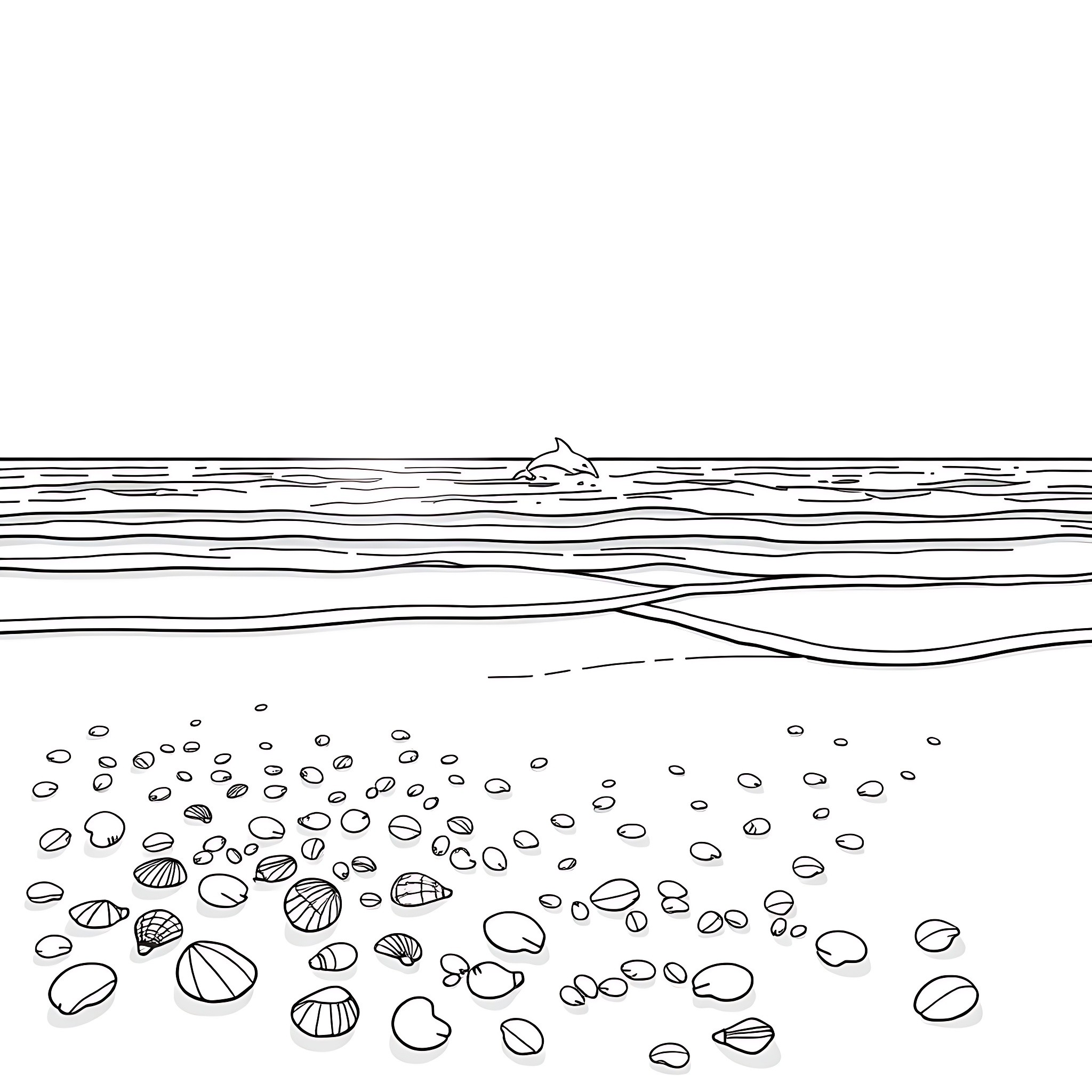 Nature scene with ocean waves and seashells Coloring Page (free black-and-white line drawing printable PDF for all, from beginners to advanced learners, including children, teens, adults, and seniors)