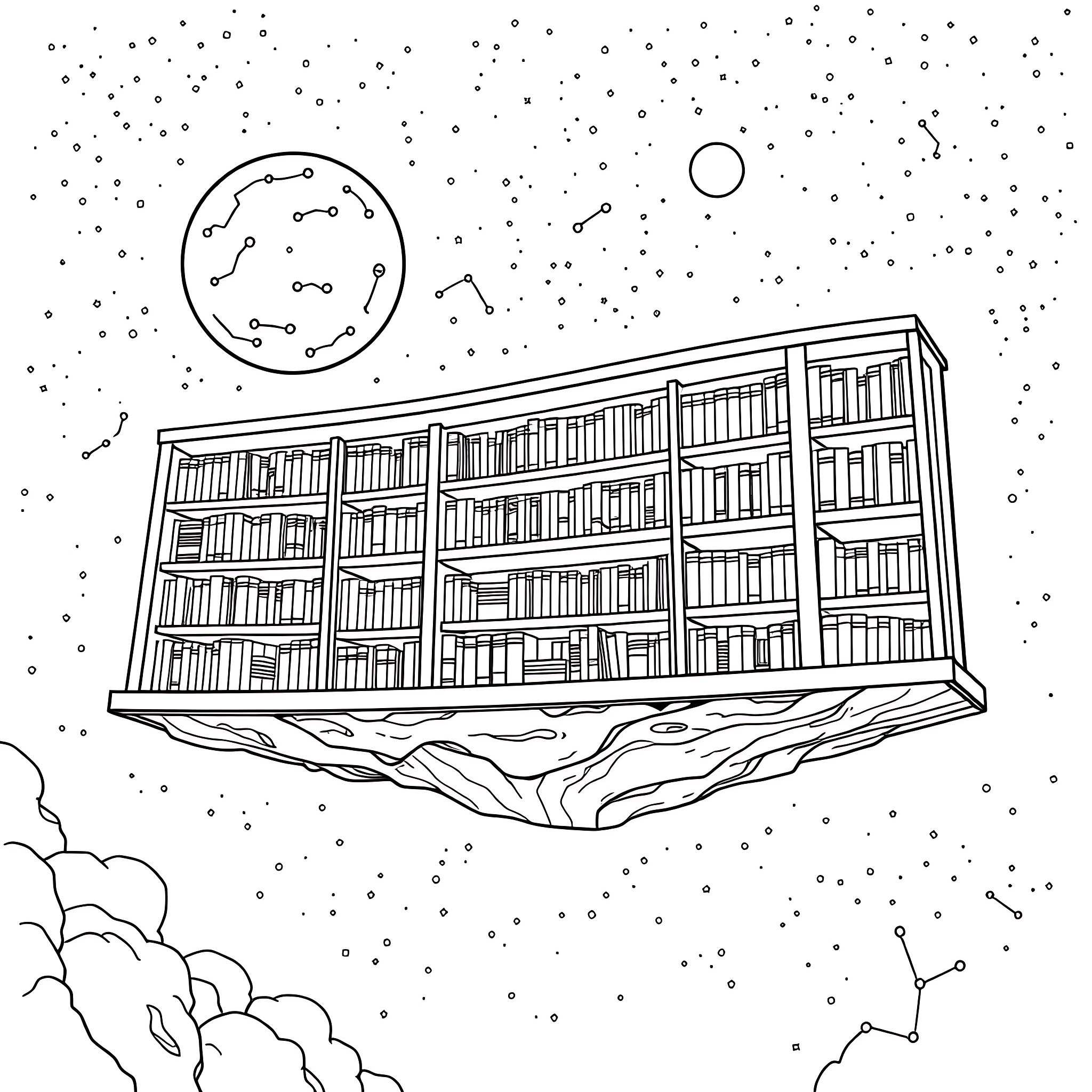 Solar System Library in the Starry Night Coloring Page (free black-and-white line drawing printable PDF for all, from beginners to advanced learners, including children, teens, adults, and seniors)