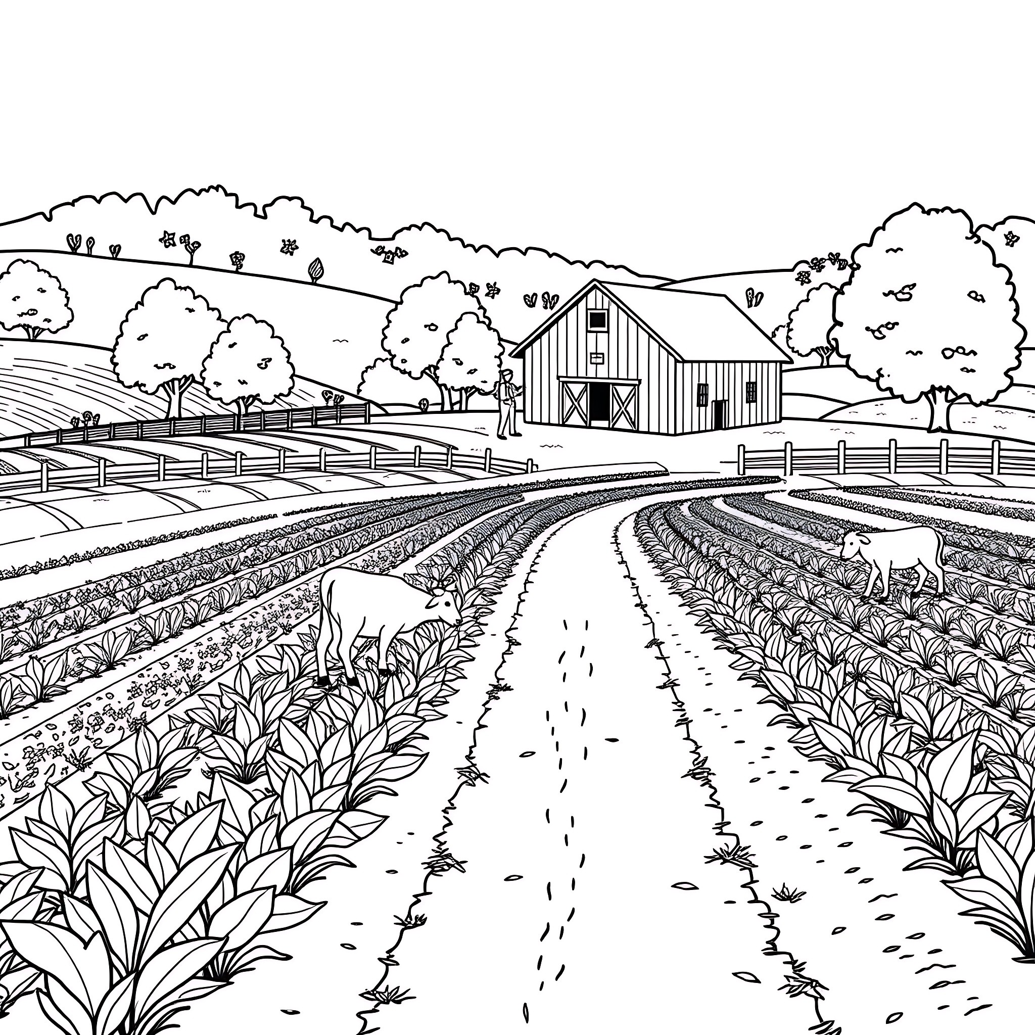 Nature's Serene Farmland Landscape Coloring Page (free black-and-white line drawing printable PDF for all, from beginners to advanced learners, including children, teens, adults, and seniors)