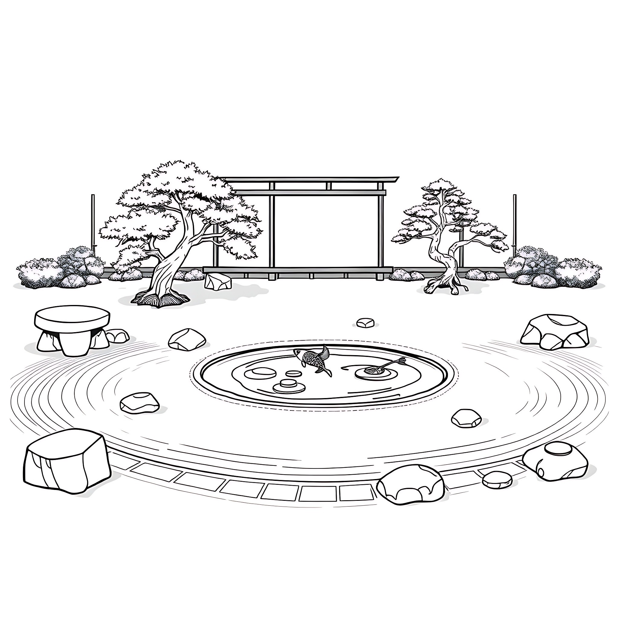 Nature scene with traditional Japanese landscape Coloring Page (free black-and-white line drawing printable PDF for all, from beginners to advanced learners, including children, teens, adults, and seniors)