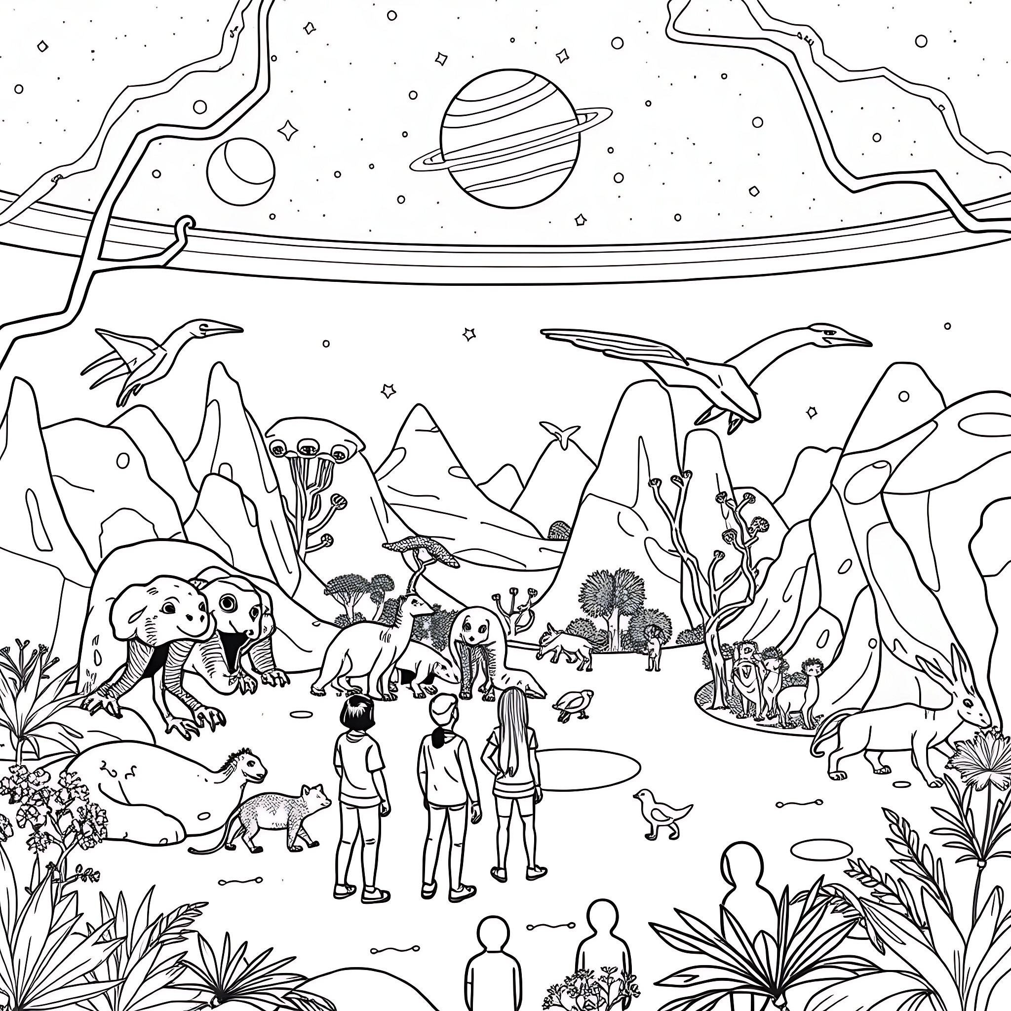Solar System Exploration: Diverse Alien Life and Landscapes Coloring Page (free black-and-white line drawing printable PDF for all, from beginners to advanced learners, including children, teens, adults, and seniors)