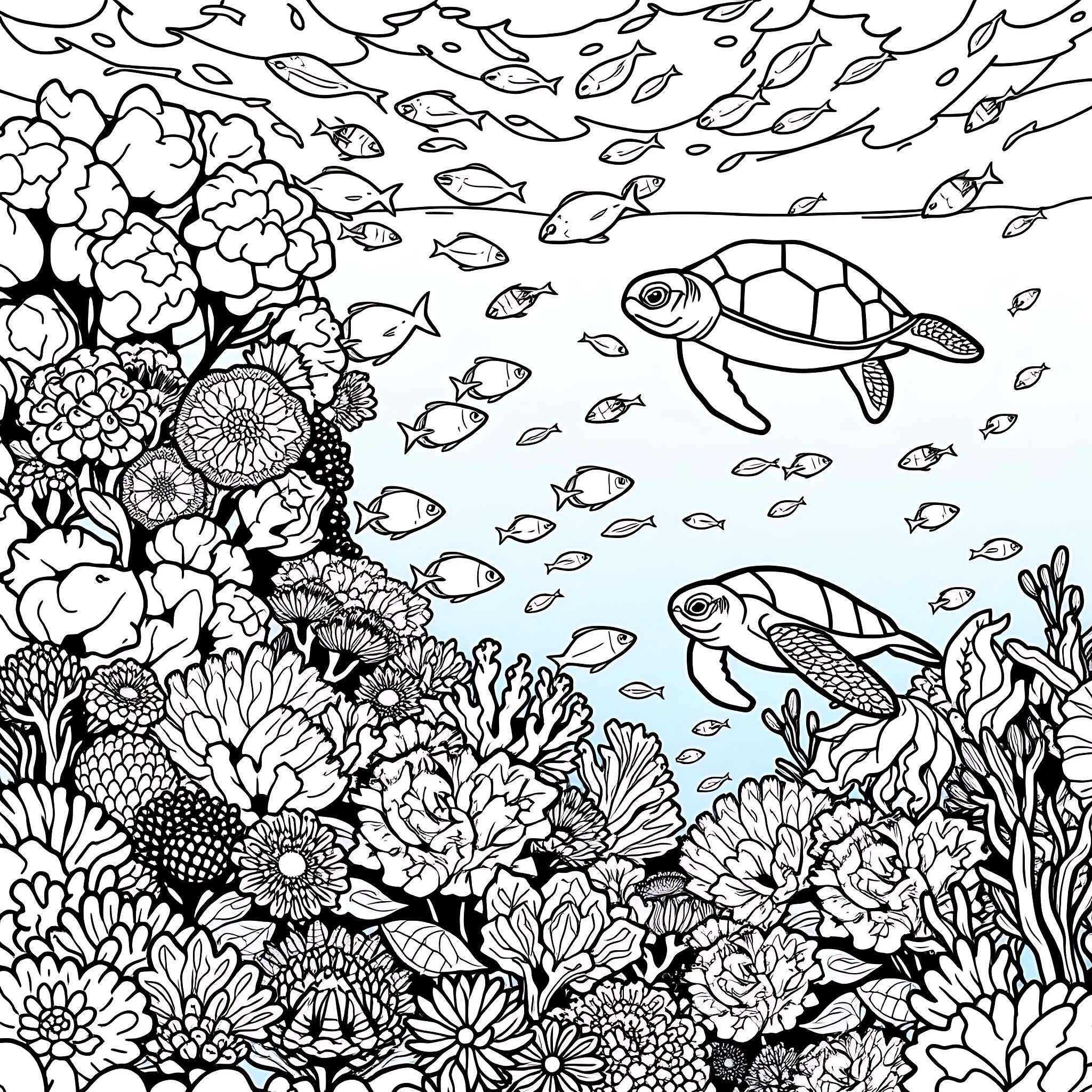 Nature's Underwater Wonderland Coloring Page (free black-and-white line drawing printable PDF for all, from beginners to advanced learners, including children, teens, adults, and seniors)