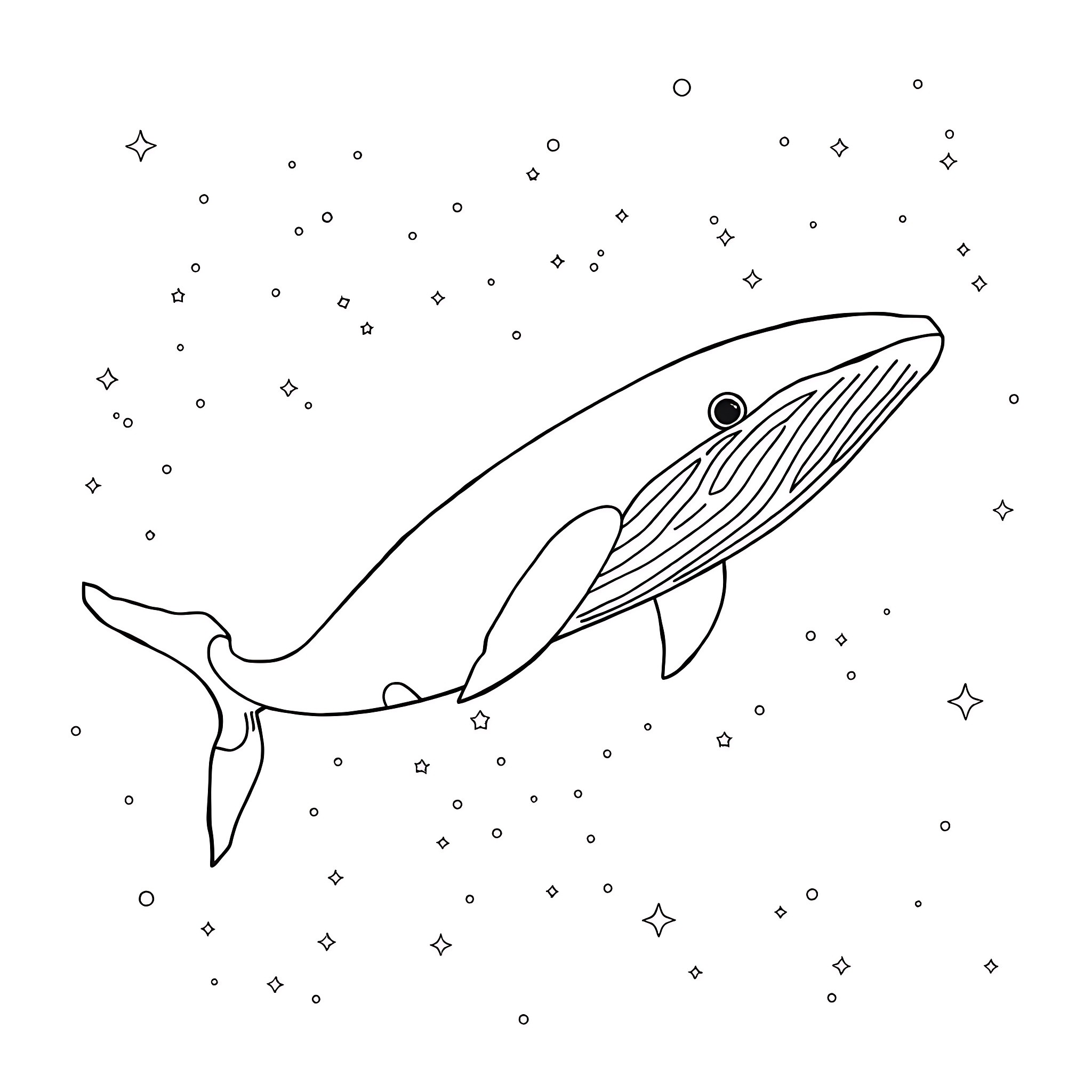Solar System with a Whale Swimming in Space Coloring Page (free black-and-white line drawing printable PDF for all, from beginners to advanced learners, including children, teens, adults, and seniors)