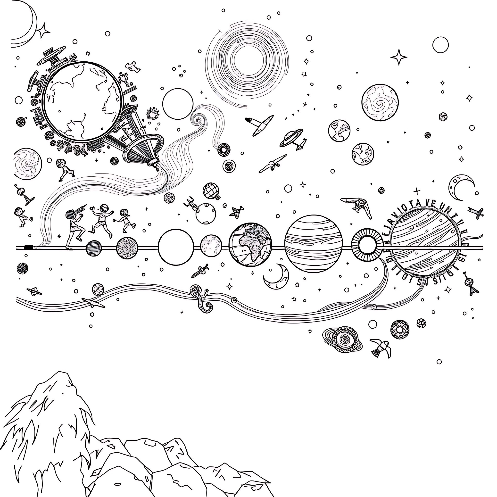 Solar System Exploration in the Cosmos Coloring Page (free black-and-white line drawing printable PDF for all, from beginners to advanced learners, including children, teens, adults, and seniors)