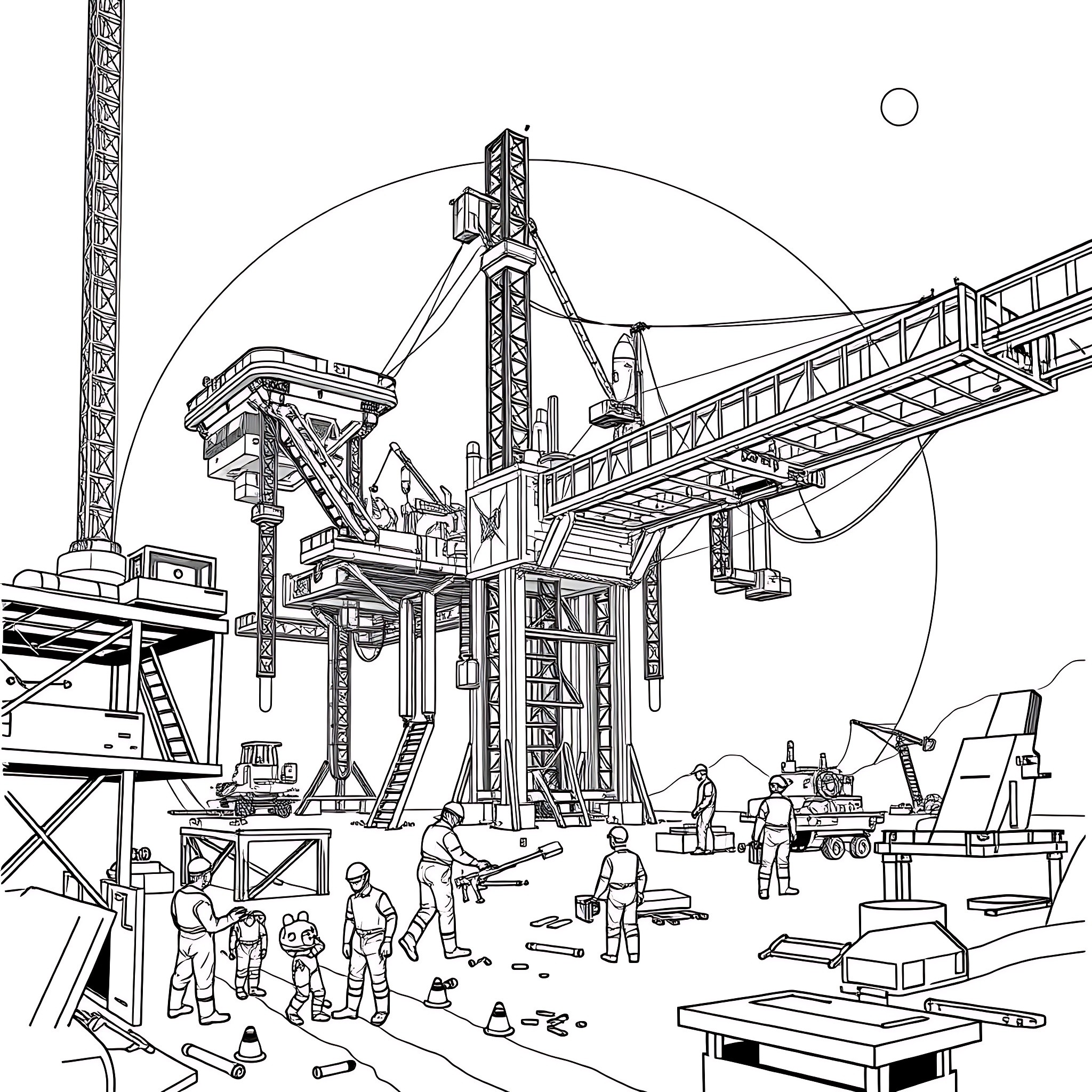 Solar System Construction Site with Workers Coloring Page (free black-and-white line drawing printable PDF for all, from beginners to advanced learners, including children, teens, adults, and seniors)