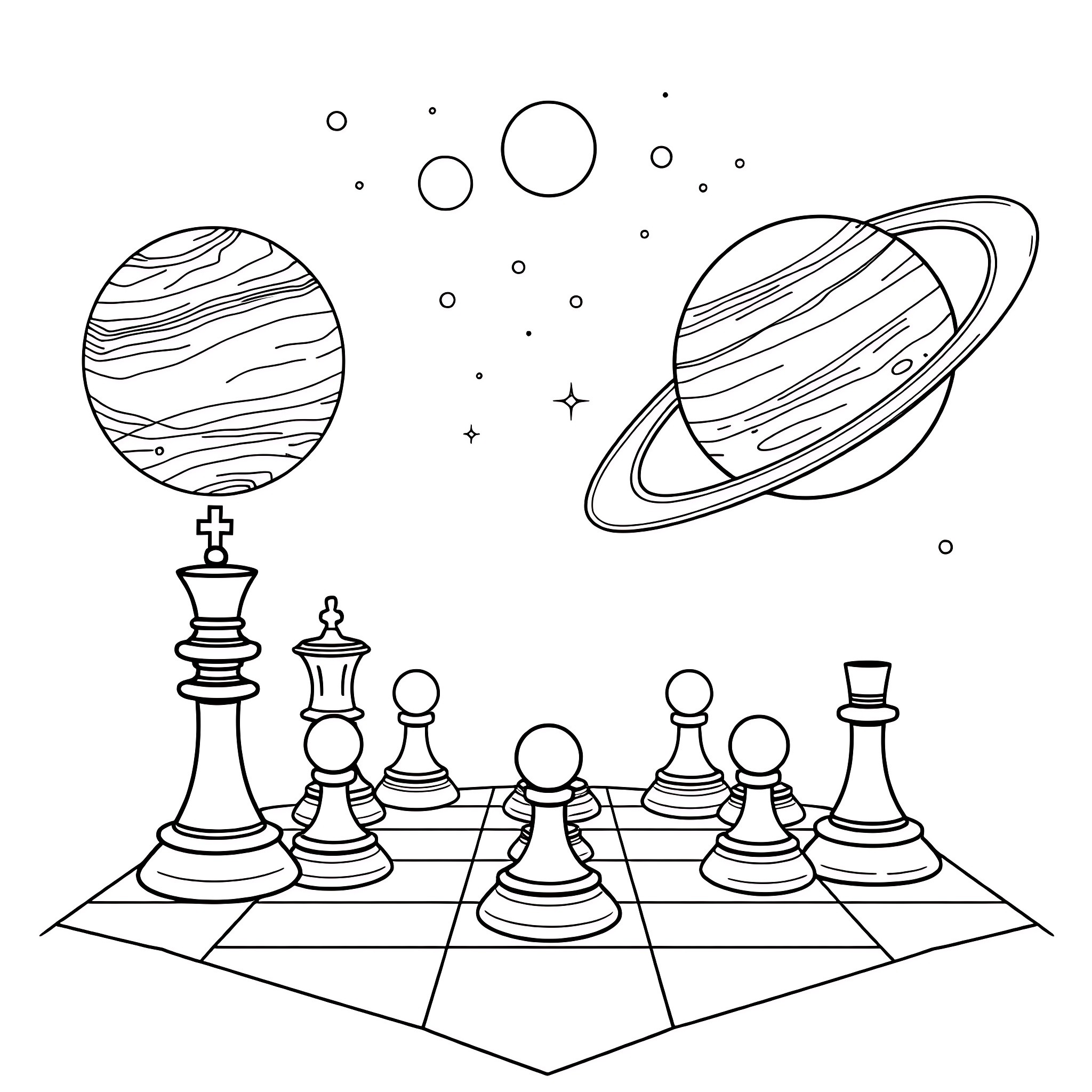 Solar System Exploration with Chess Pieces Coloring Page (free black-and-white line drawing printable PDF for all, from beginners to advanced learners, including children, teens, adults, and seniors)