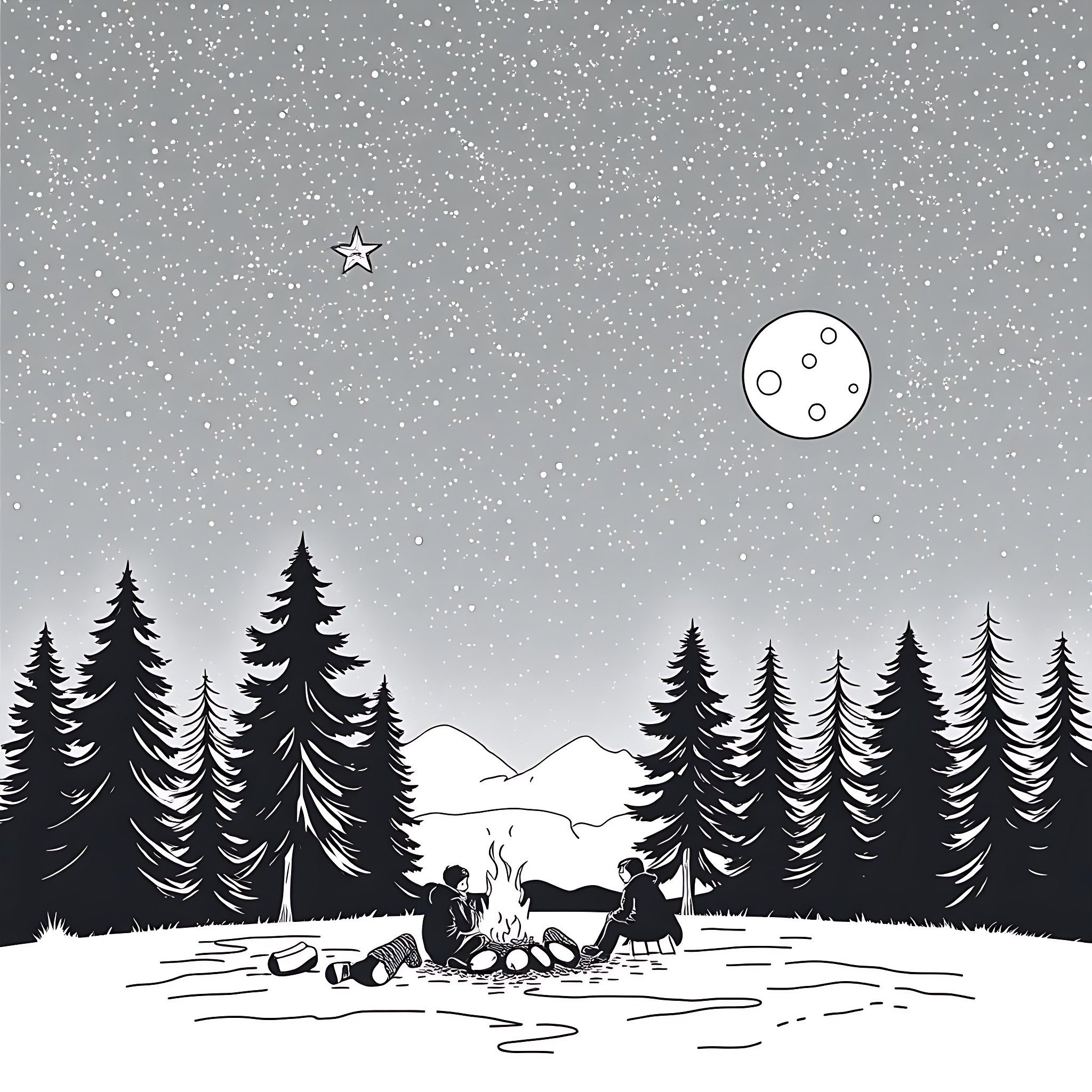 Nature scene of people enjoying campfire under starry sky Coloring Page (free black-and-white line drawing printable PDF for all, from beginners to advanced learners, including children, teens, adults, and seniors)