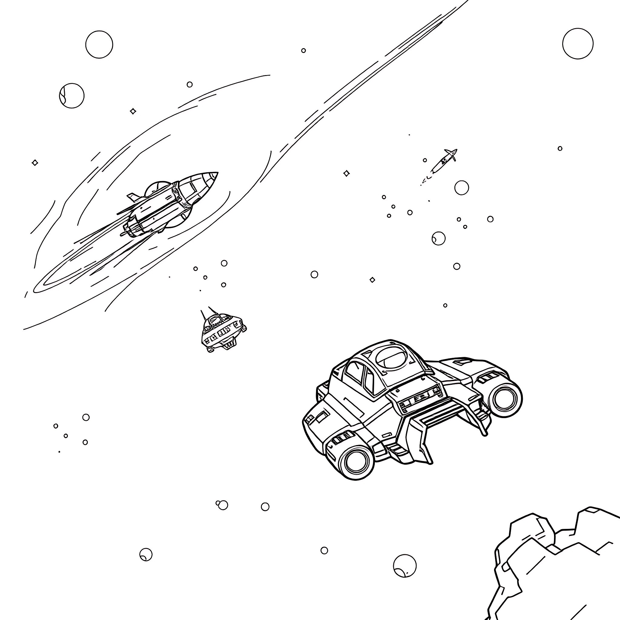 Solar System Spacecraft Voyages through Cosmic Landscape Coloring Page (free black-and-white line drawing printable PDF for all, from beginners to advanced learners, including children, teens, adults, and seniors)