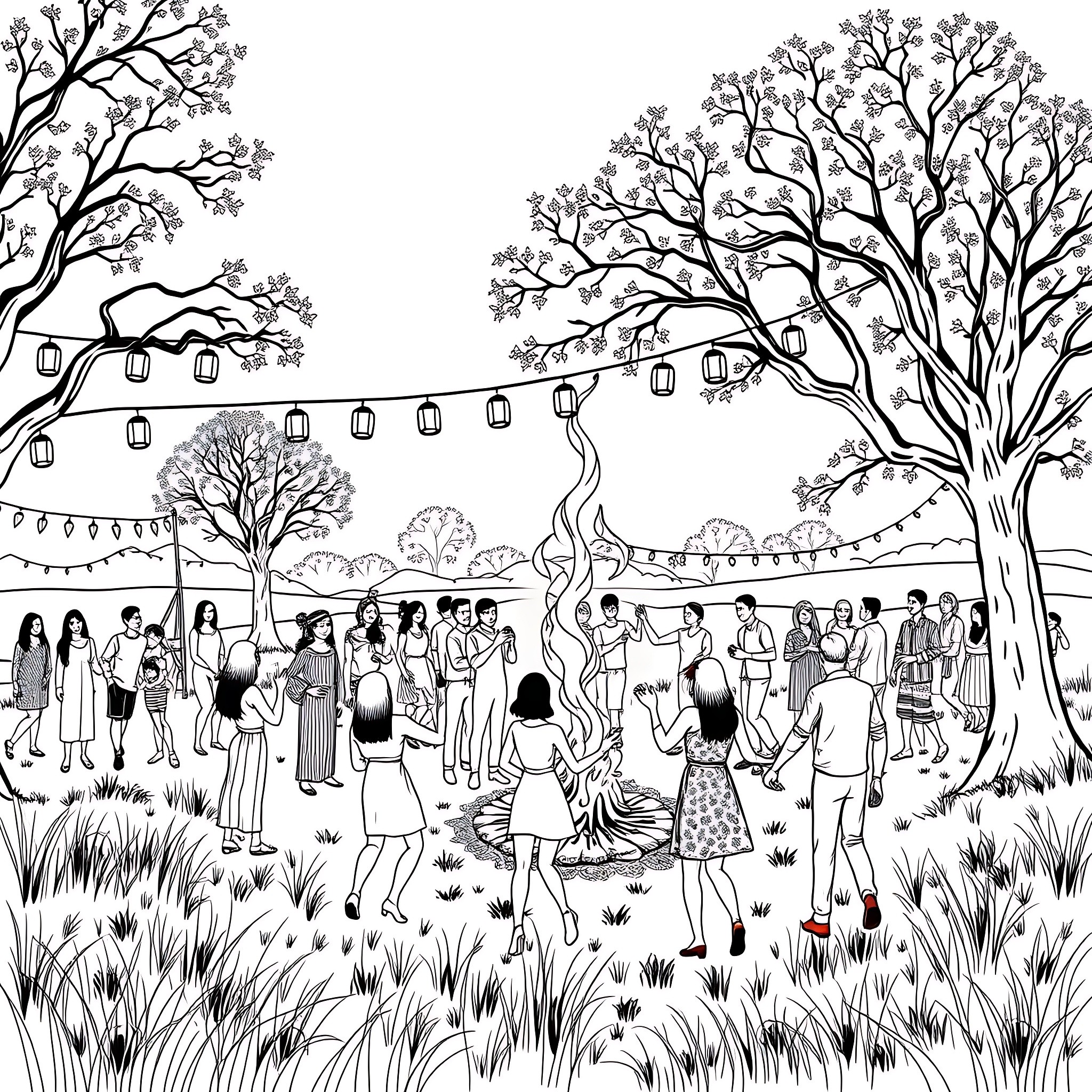 Nature's Vibrant Gathering: People Celebrating in an Outdoor Landscape Coloring Page (free black-and-white line drawing printable PDF for all, from beginners to advanced learners, including children, teens, adults, and seniors)