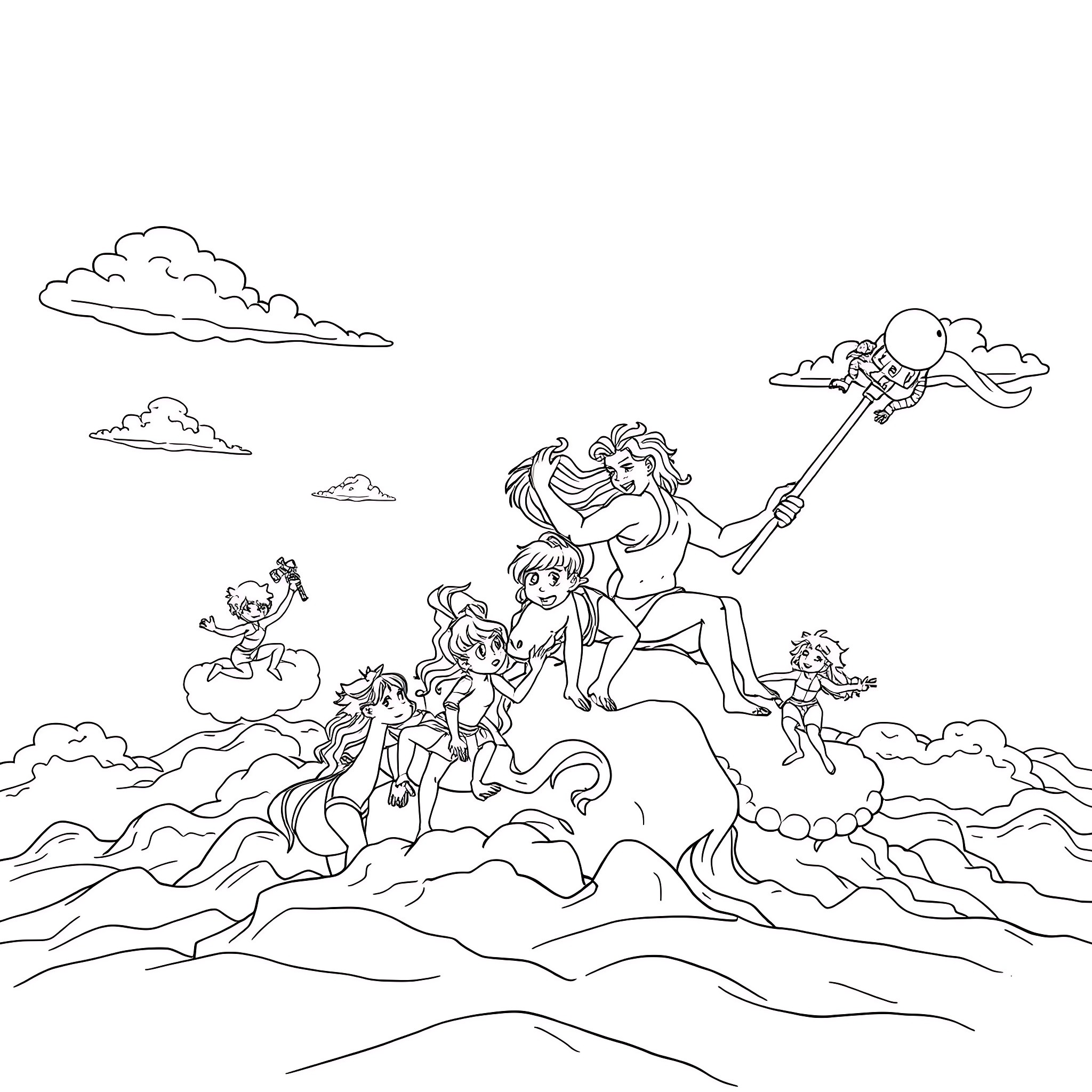 Solar System family exploring the cosmos Coloring Page (free black-and-white line drawing printable PDF for all, from beginners to advanced learners, including children, teens, adults, and seniors)