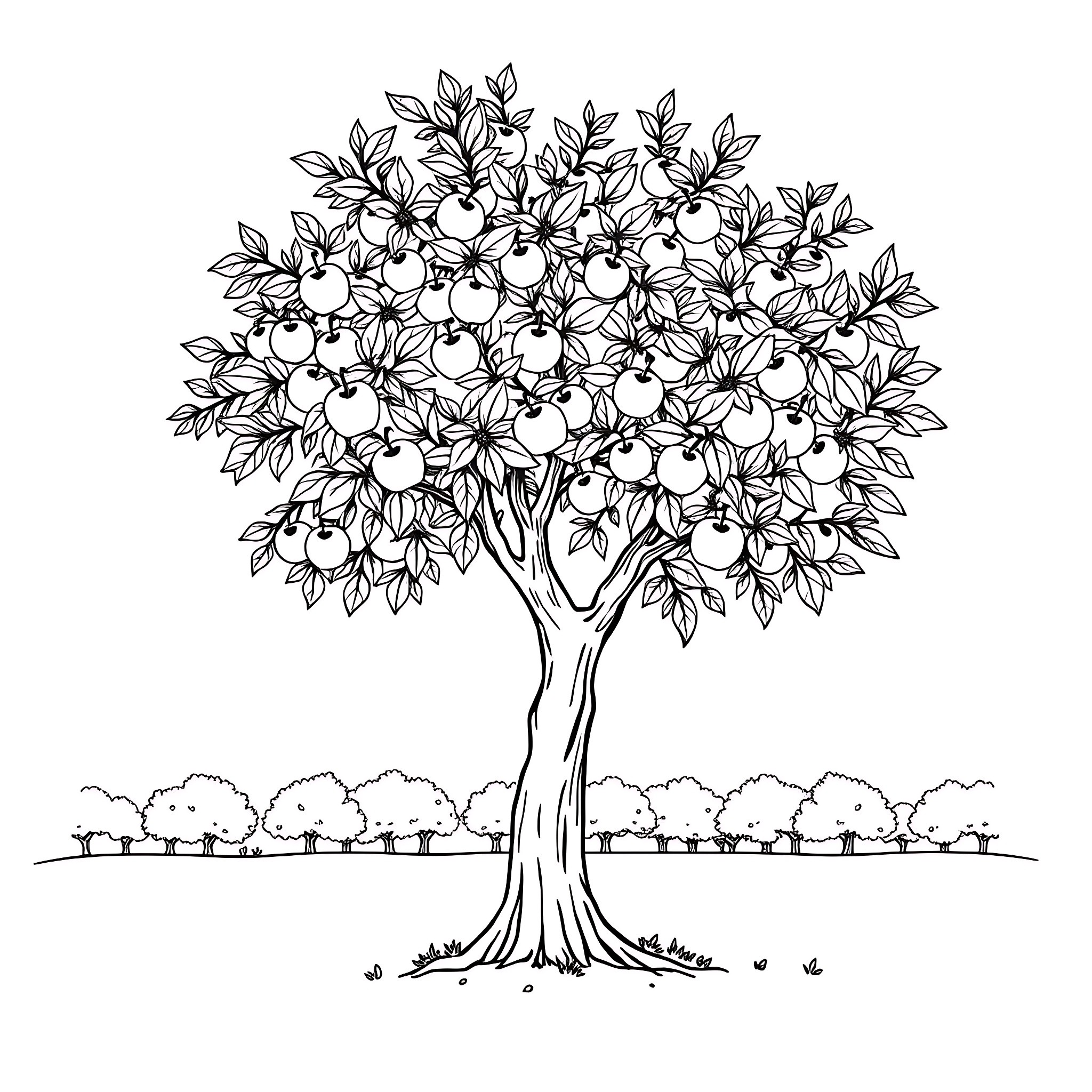 Apple Tree of Abundant Harvest Coloring Page (free black-and-white line drawing printable PDF for all, from beginners to advanced learners, including children, teens, adults, and seniors)