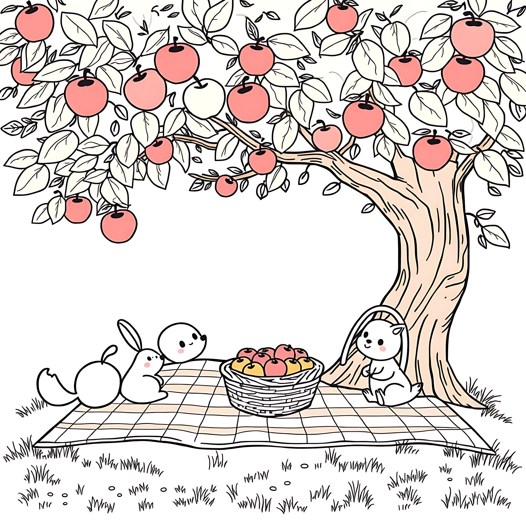 Apple tree with bunnies enjoying picnic beneath Coloring Page (free black-and-white line drawing printable PDF for all, from beginners to advanced learners, including children, teens, adults, and seniors)