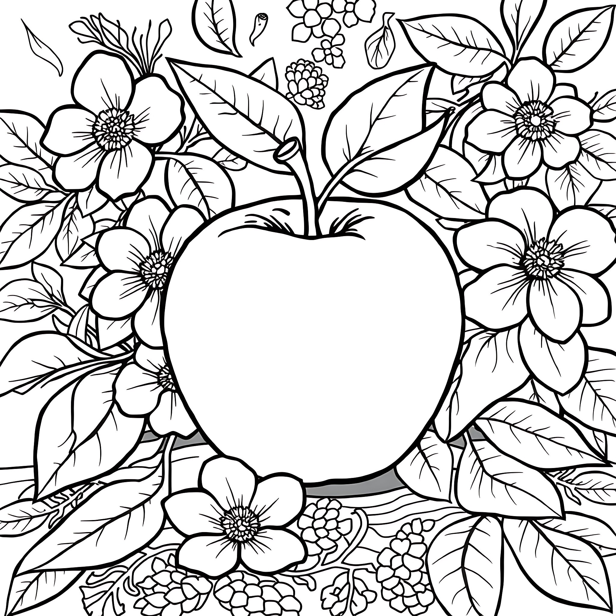 Apple Surrounded by Floral Patterns Coloring Page (free black-and-white line drawing printable PDF for all, from beginners to advanced learners, including children, teens, adults, and seniors)