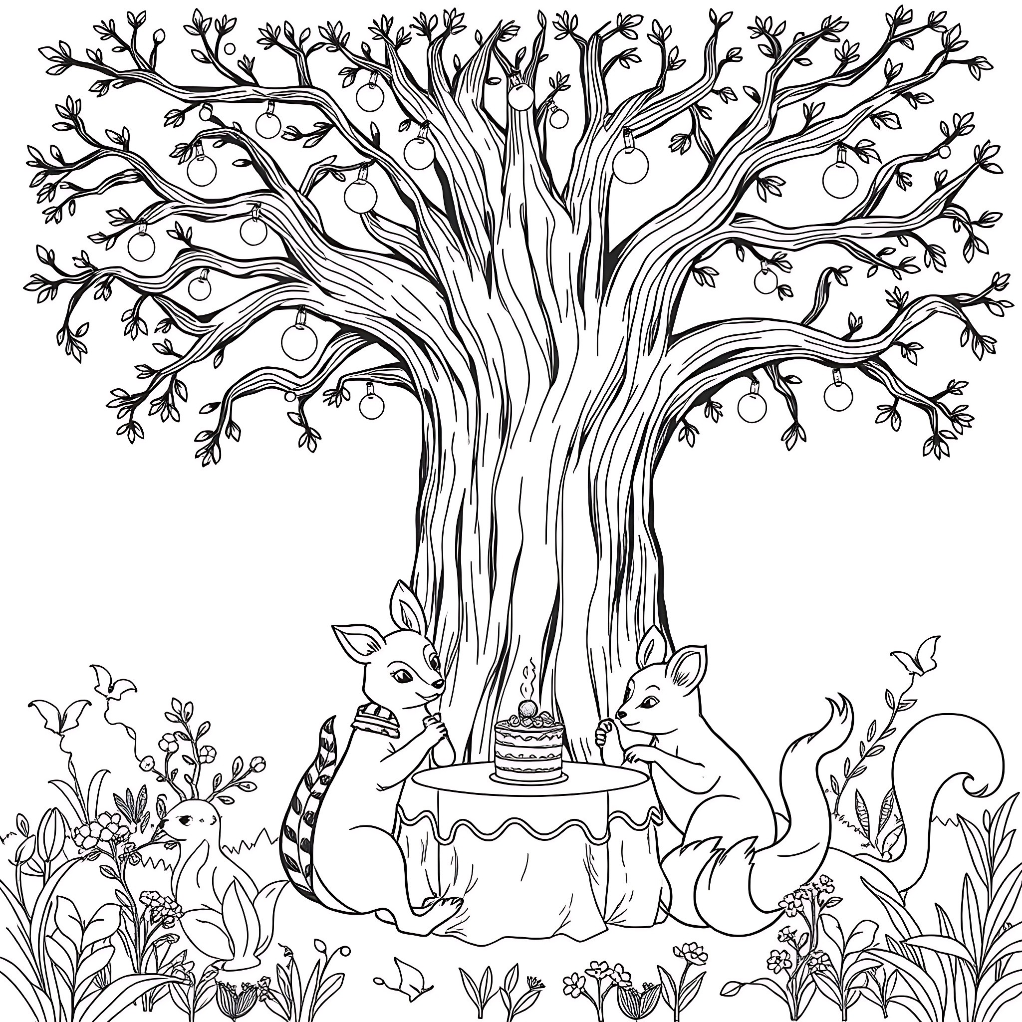 Cake Celebration under the Whimsical Tree Coloring Page (free black-and-white line drawing printable PDF for all, from beginners to advanced learners, including children, teens, adults, and seniors)