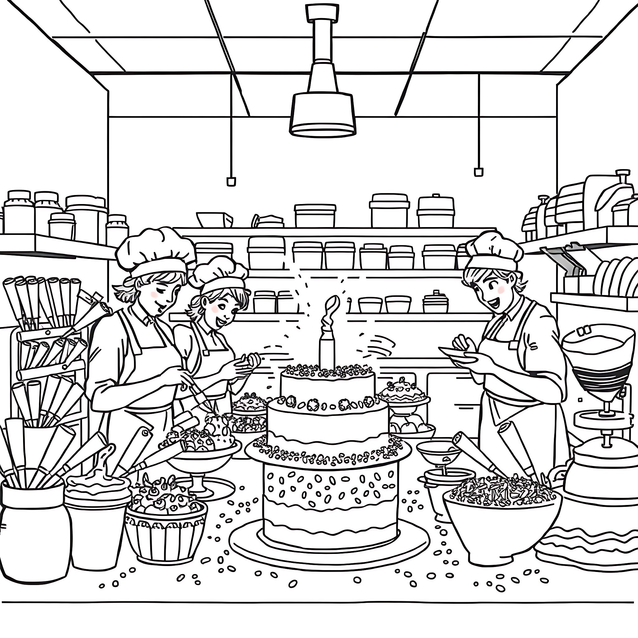 Cake decorating with chefs in a kitchen Coloring Page (free black-and-white line drawing printable PDF for all, from beginners to advanced learners, including children, teens, adults, and seniors)