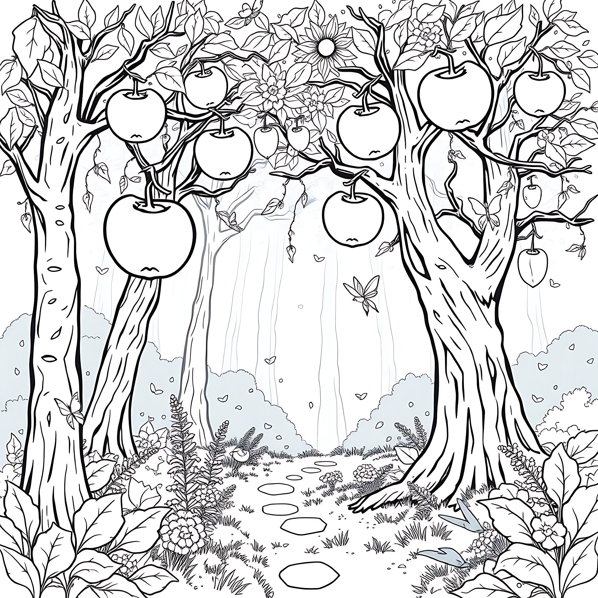 Apple orchard with blooming flowers and butterflies Coloring Page (free black-and-white line drawing printable PDF for all, from beginners to advanced learners, including children, teens, adults, and seniors)