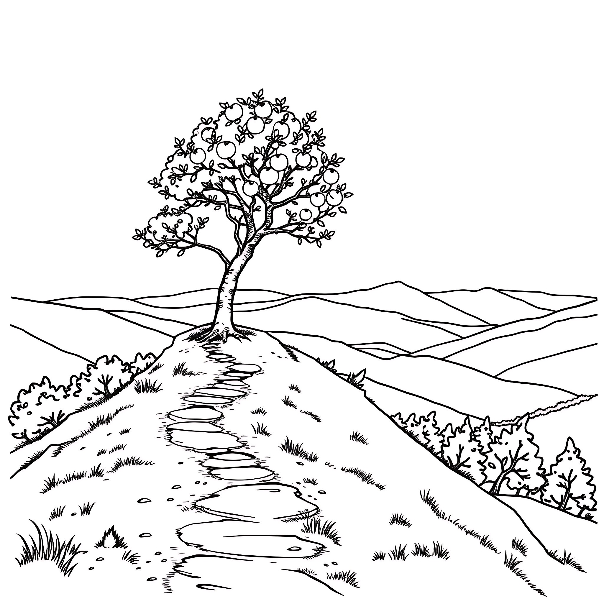 Apple tree along a winding path in the countryside Coloring Page (free black-and-white line drawing printable PDF for all, from beginners to advanced learners, including children, teens, adults, and seniors)
