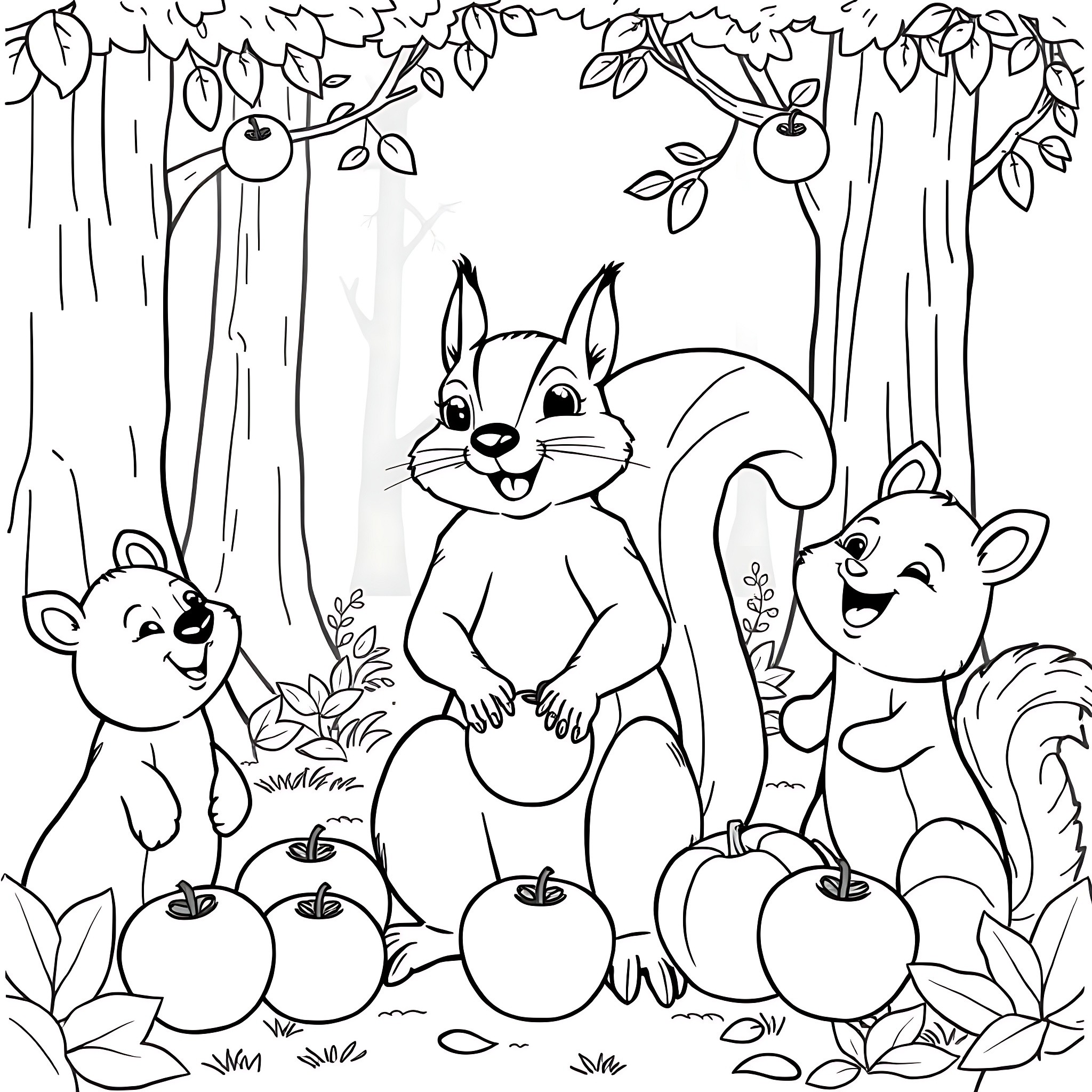 Apple Orchard Adventure with Playful Animals Coloring Page (free black-and-white line drawing printable PDF for all, from beginners to advanced learners, including children, teens, adults, and seniors)