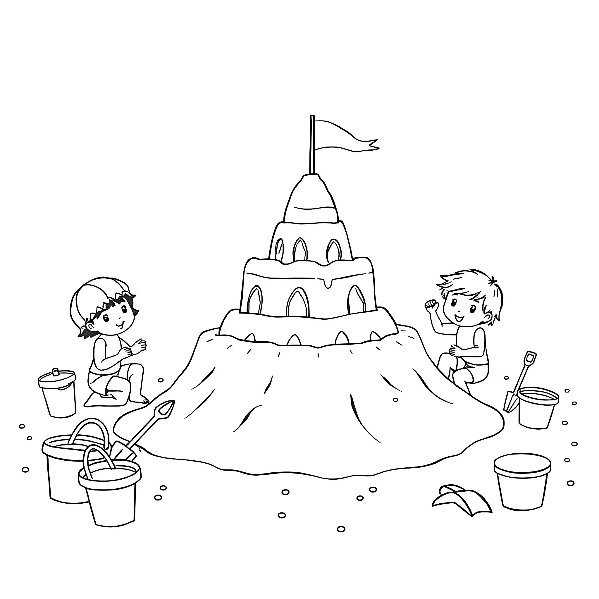 Cake creation with children playing in the sand Coloring Page (free black-and-white line drawing printable PDF for all, from beginners to advanced learners, including children, teens, adults, and seniors)
