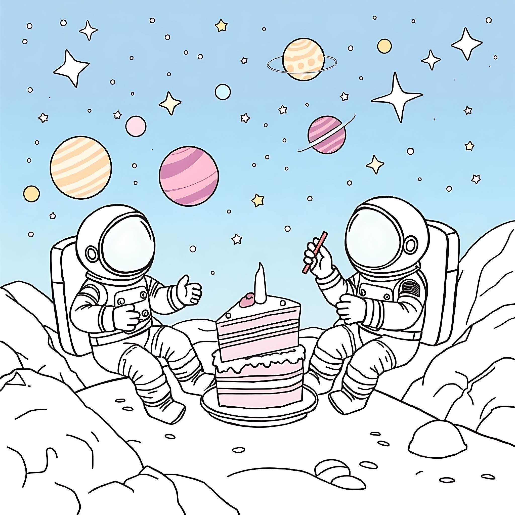 Cake Celebration Among Astronauts in Outer Space Coloring Page (free black-and-white line drawing printable PDF for all, from beginners to advanced learners, including children, teens, adults, and seniors)
