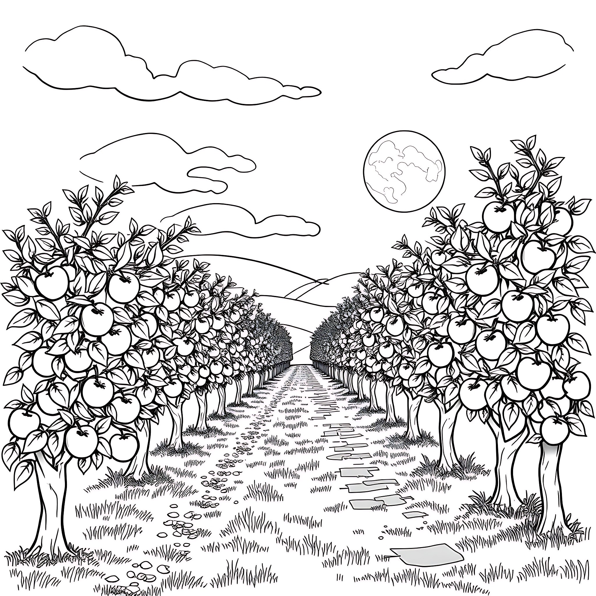 Apple Orchard in Tranquil Landscape Coloring Page (free black-and-white line drawing printable PDF for all, from beginners to advanced learners, including children, teens, adults, and seniors)