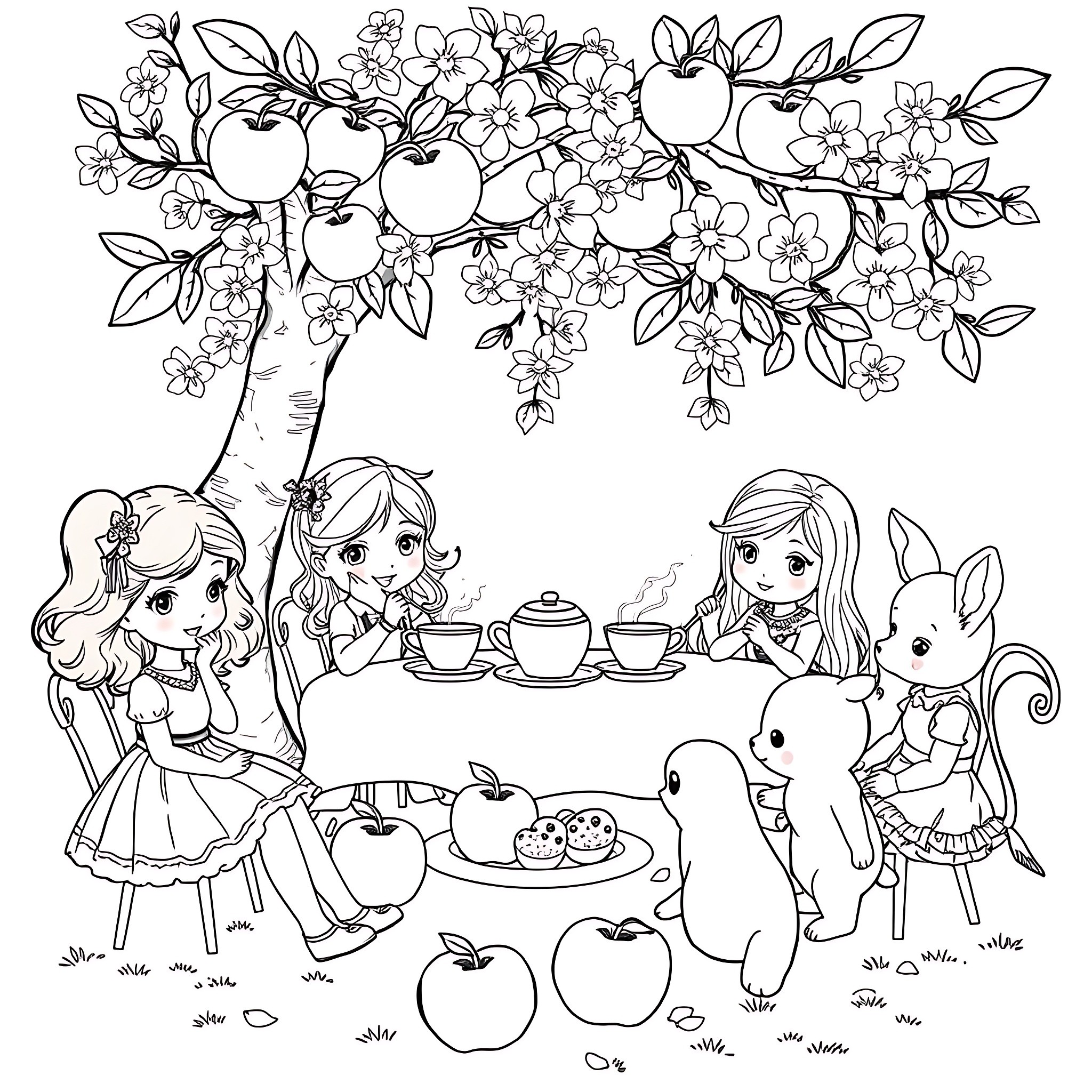 Apple tea party with adorable girls and animals in garden Coloring Page (free black-and-white line drawing printable PDF for all, from beginners to advanced learners, including children, teens, adults, and seniors)