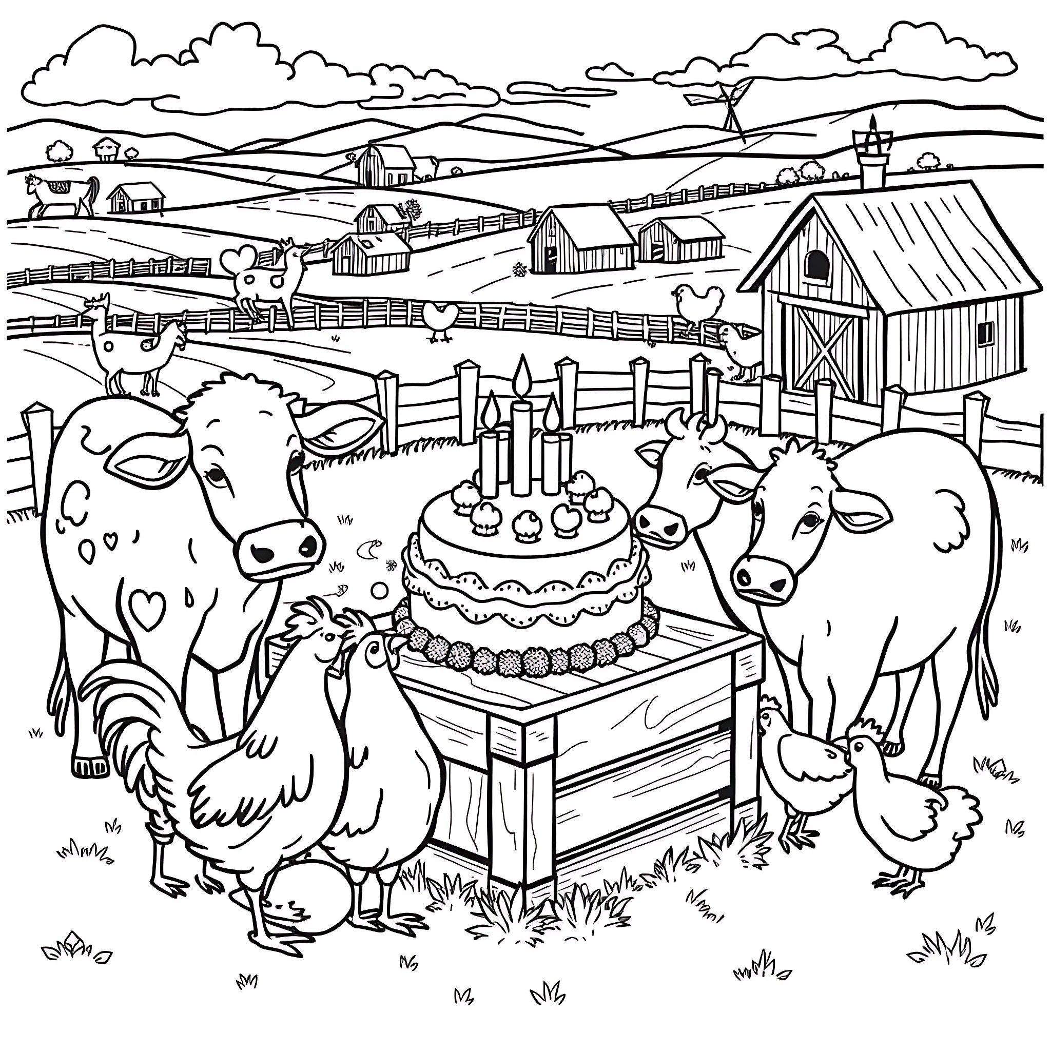 Cake Celebration on the Farm Coloring Page (free black-and-white line drawing printable PDF for all, from beginners to advanced learners, including children, teens, adults, and seniors)