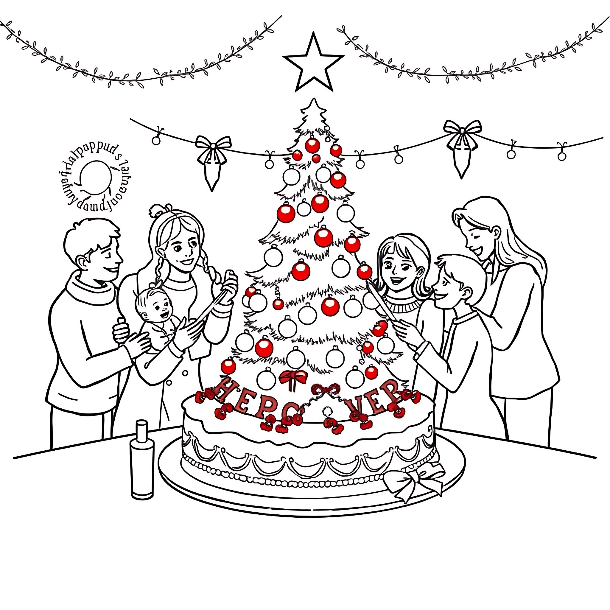 Family celebrating Christmas around a festive cake Coloring Page (free black-and-white line drawing printable PDF for all, from beginners to advanced learners, including children, teens, adults, and seniors)