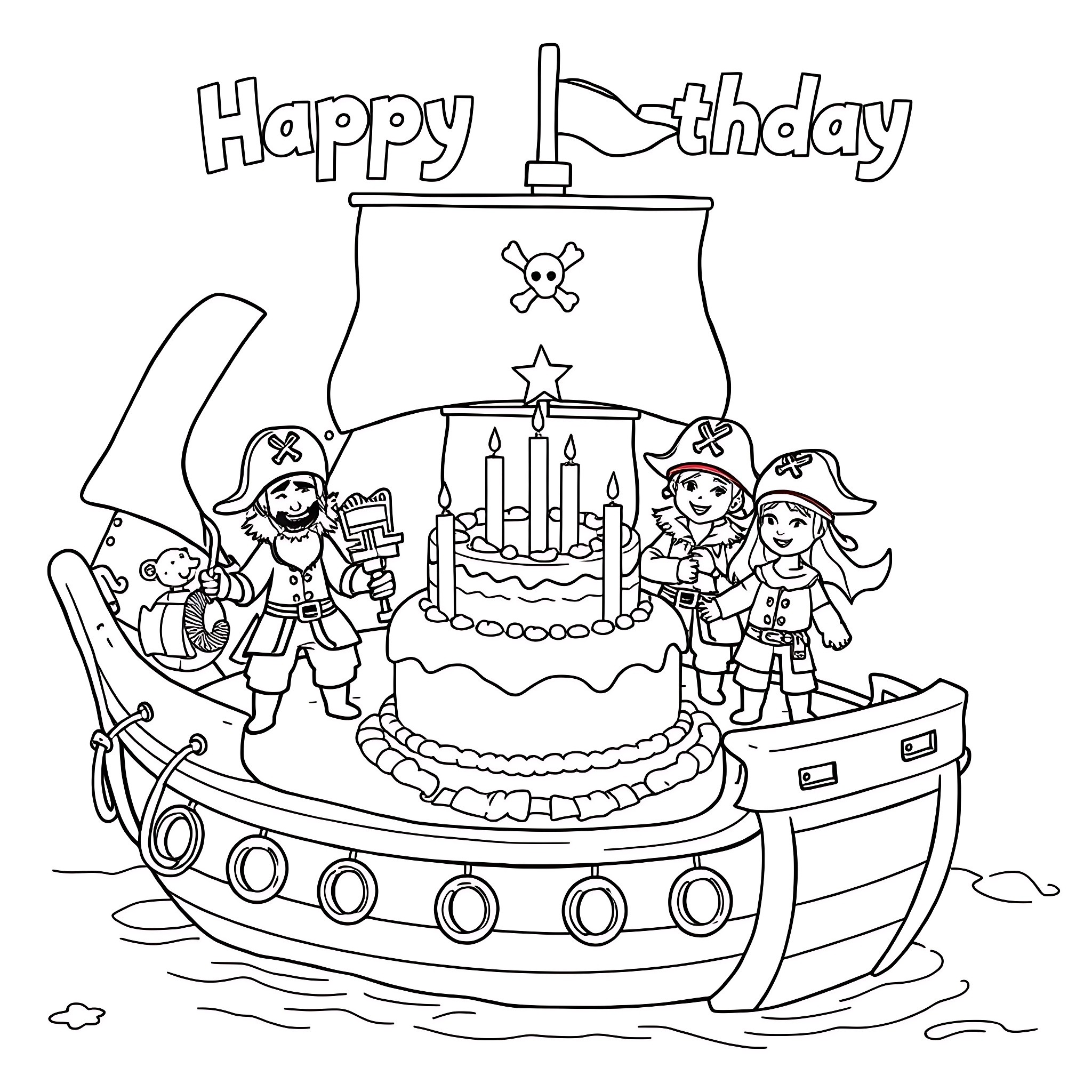 Pirates celebrating birthday on ship Coloring Page (free black-and-white line drawing printable PDF for all, from beginners to advanced learners, including children, teens, adults, and seniors)