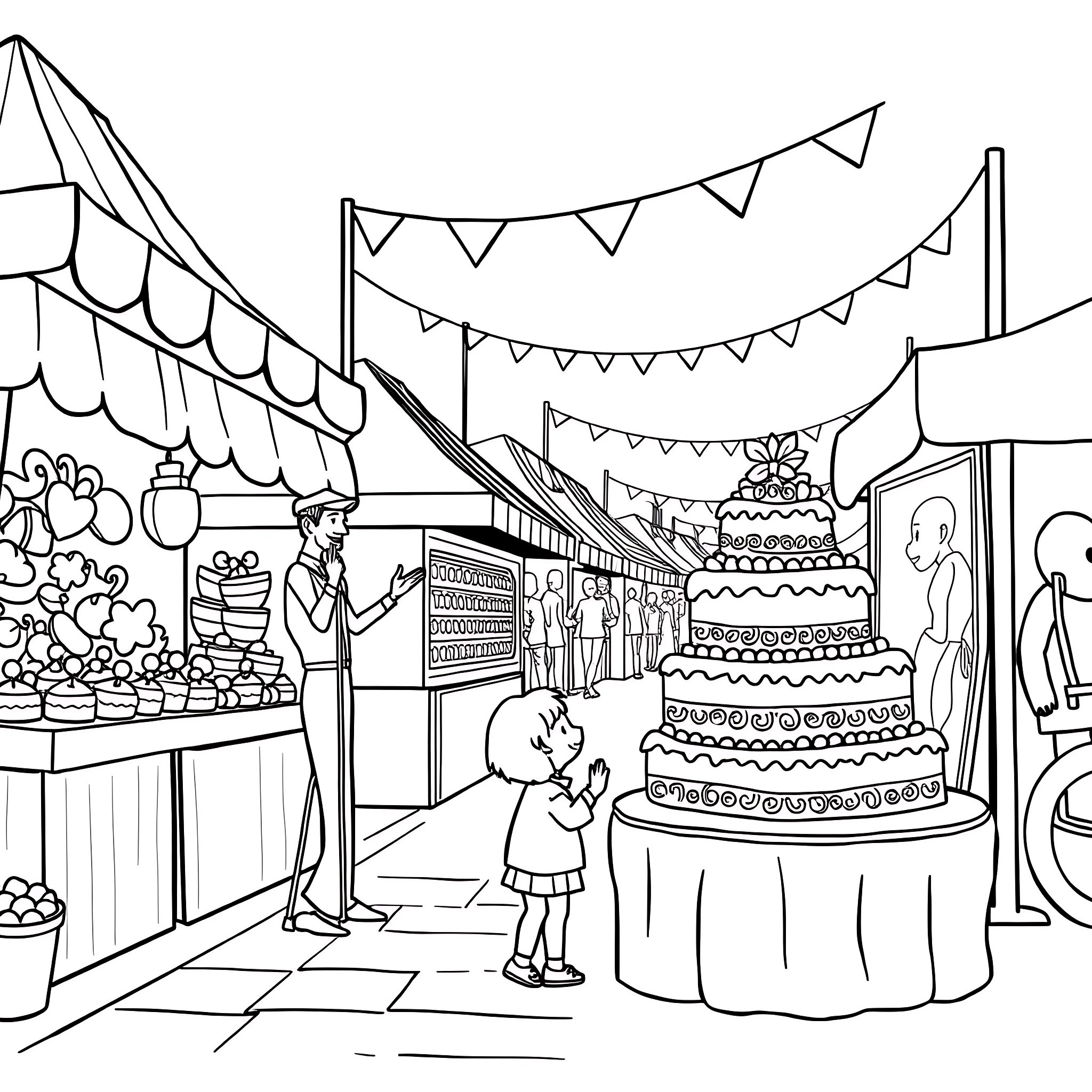 Cake stall at a festive carnival Coloring Page (free black-and-white line drawing printable PDF for all, from beginners to advanced learners, including children, teens, adults, and seniors)