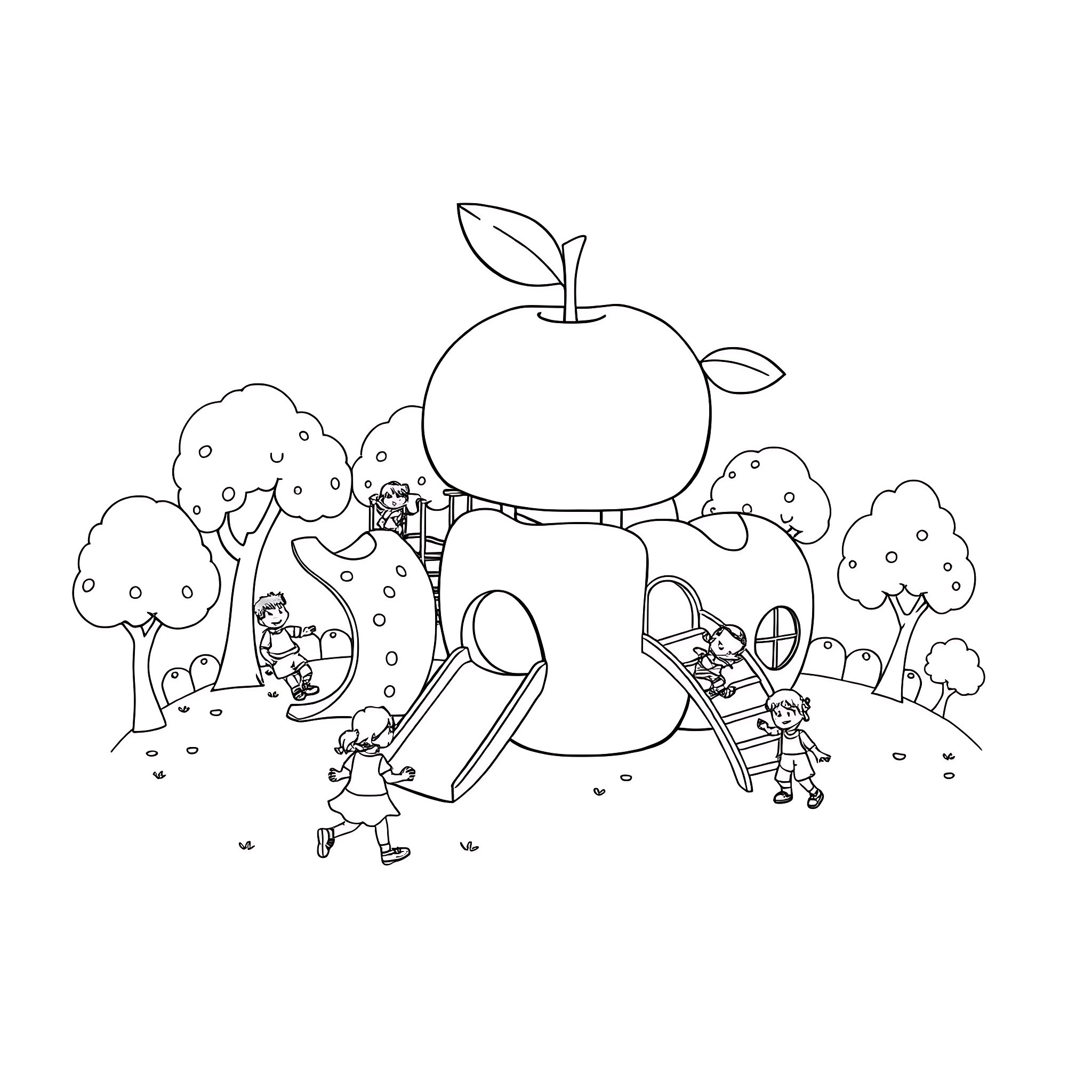 Apple-shaped playground with children playing Coloring Page (free black-and-white line drawing printable PDF for all, from beginners to advanced learners, including children, teens, adults, and seniors)