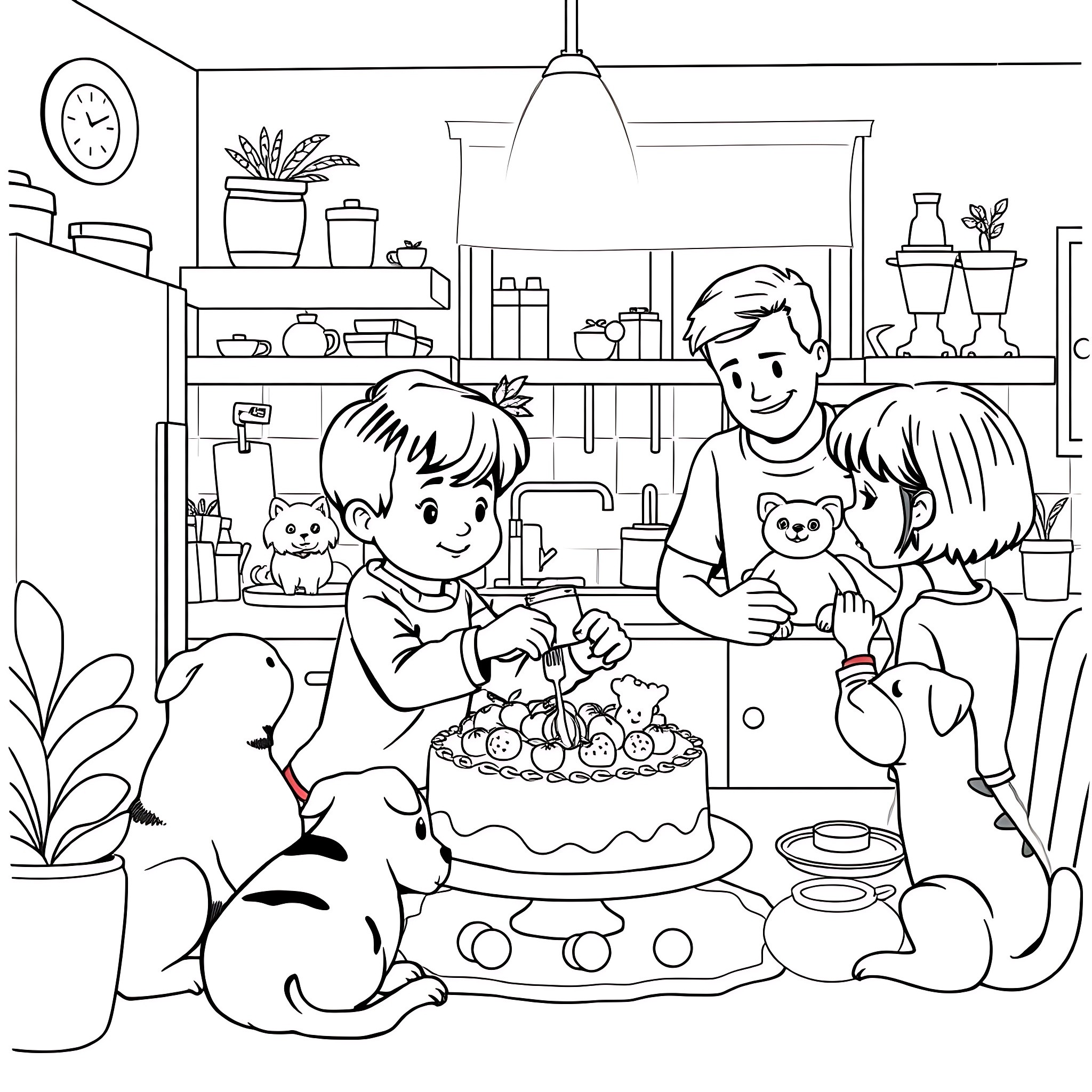 Cake Celebration with Family and Pets Coloring Page (free black-and-white line drawing printable PDF for all, from beginners to advanced learners, including children, teens, adults, and seniors)