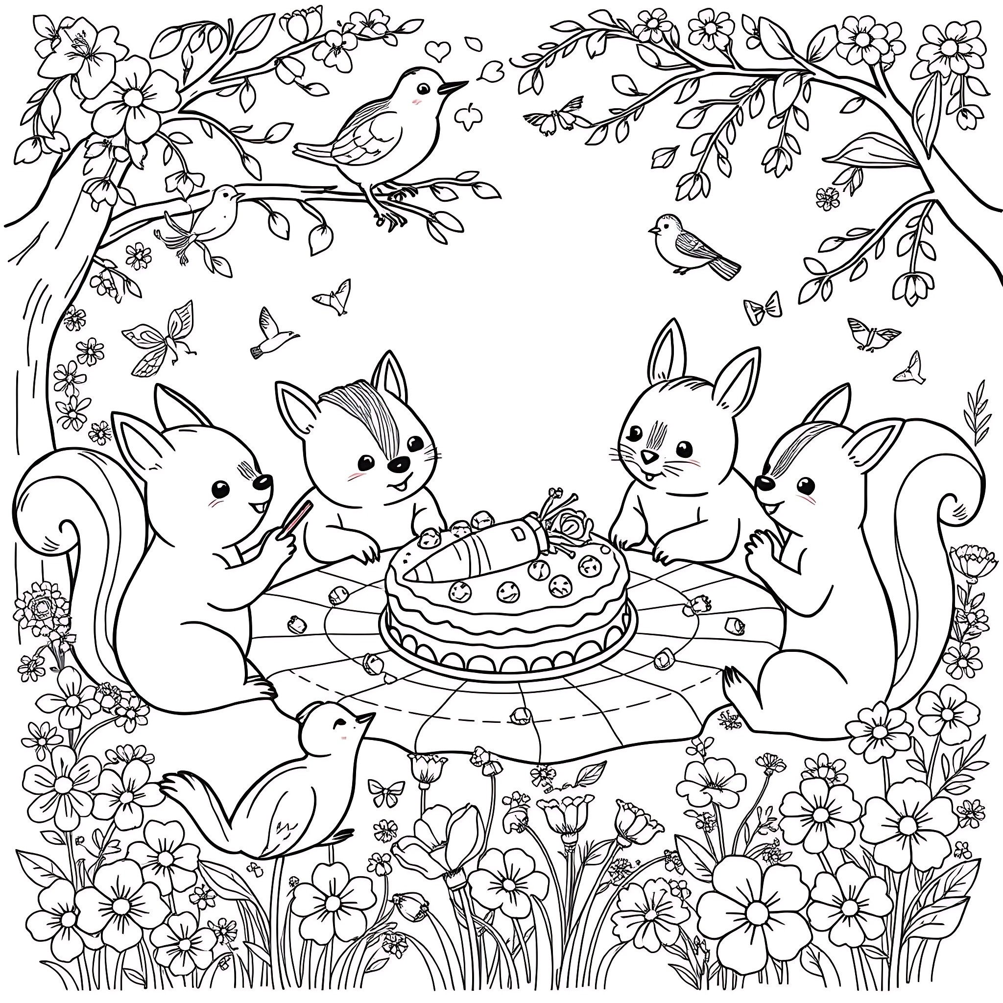Cake and Woodland Animals in Floral Scenery Coloring Page (free black-and-white line drawing printable PDF for all, from beginners to advanced learners, including children, teens, adults, and seniors)
