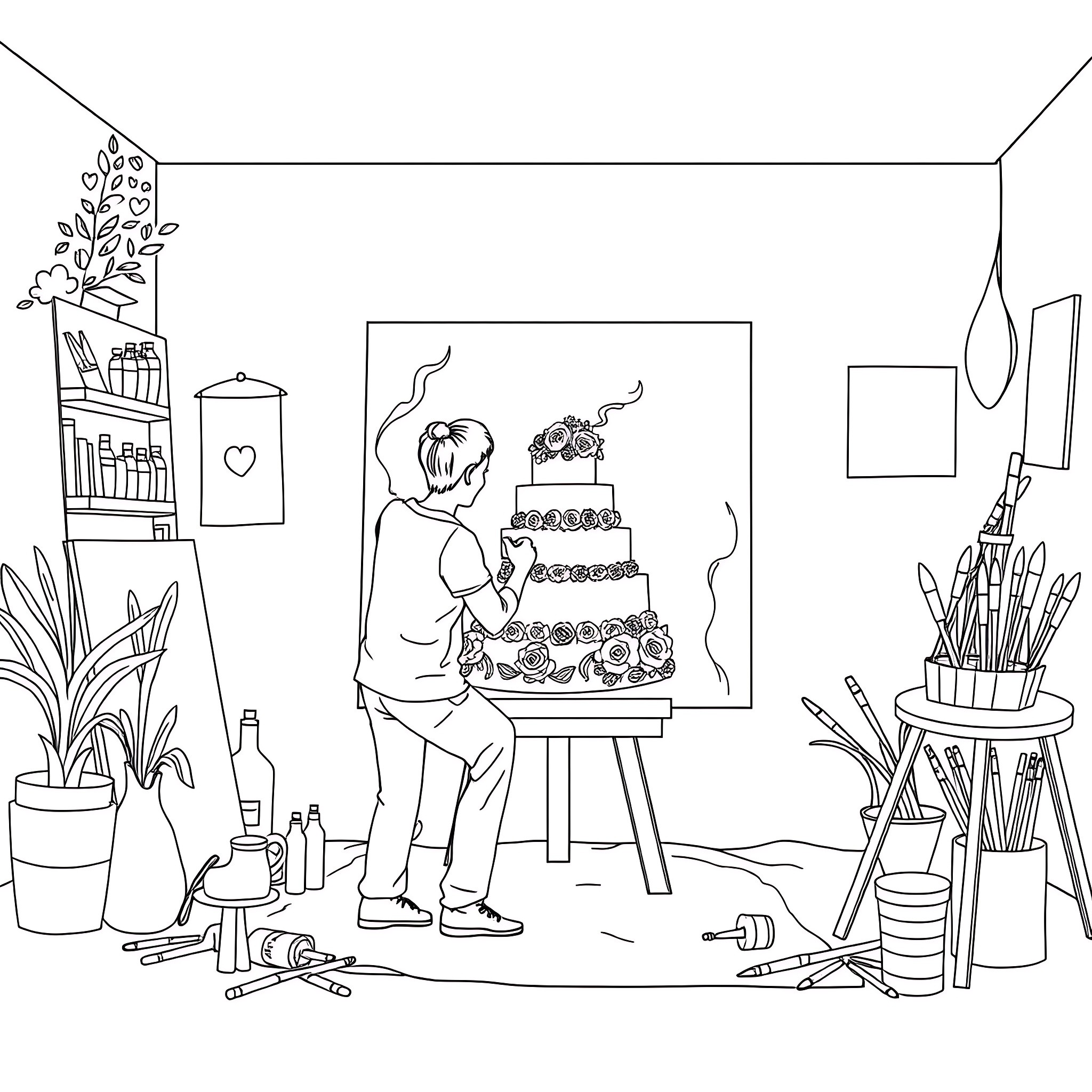 Cake decorating scene in an art studio Coloring Page (free black-and-white line drawing printable PDF for all, from beginners to advanced learners, including children, teens, adults, and seniors)