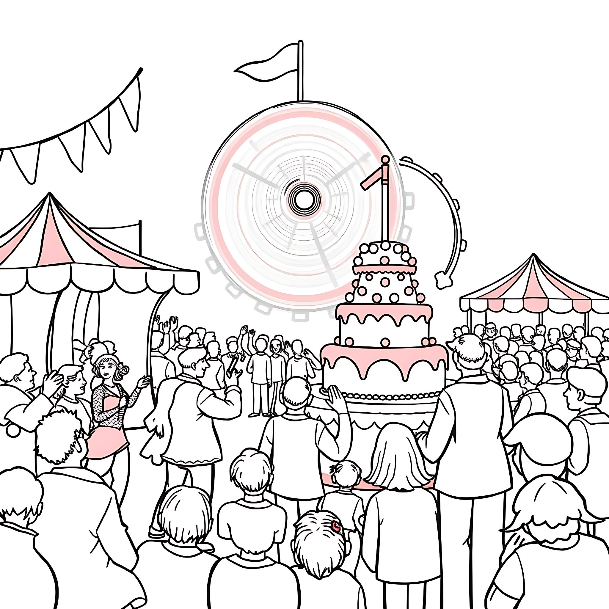 Cake celebration with crowd in carnival scene Coloring Page (free black-and-white line drawing printable PDF for all, from beginners to advanced learners, including children, teens, adults, and seniors)