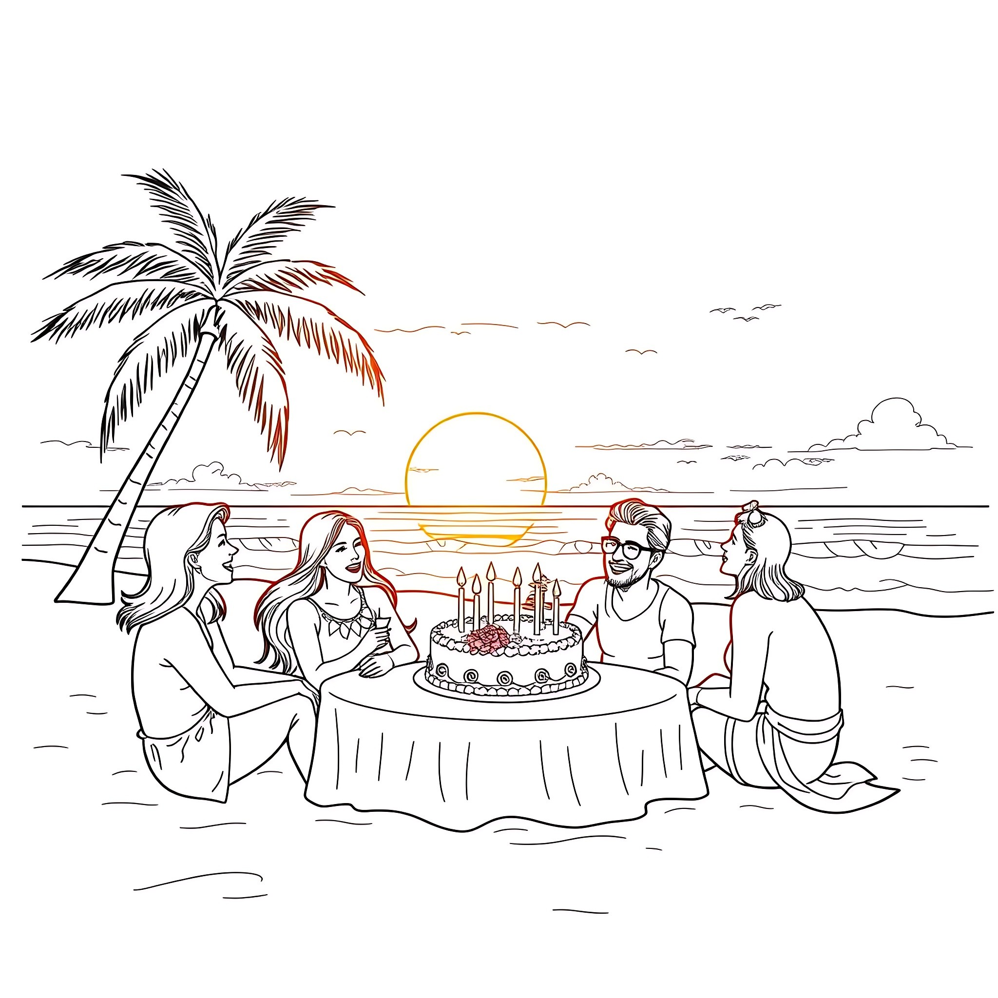 Cake celebration on the beach with friends Coloring Page (free black-and-white line drawing printable PDF for all, from beginners to advanced learners, including children, teens, adults, and seniors)