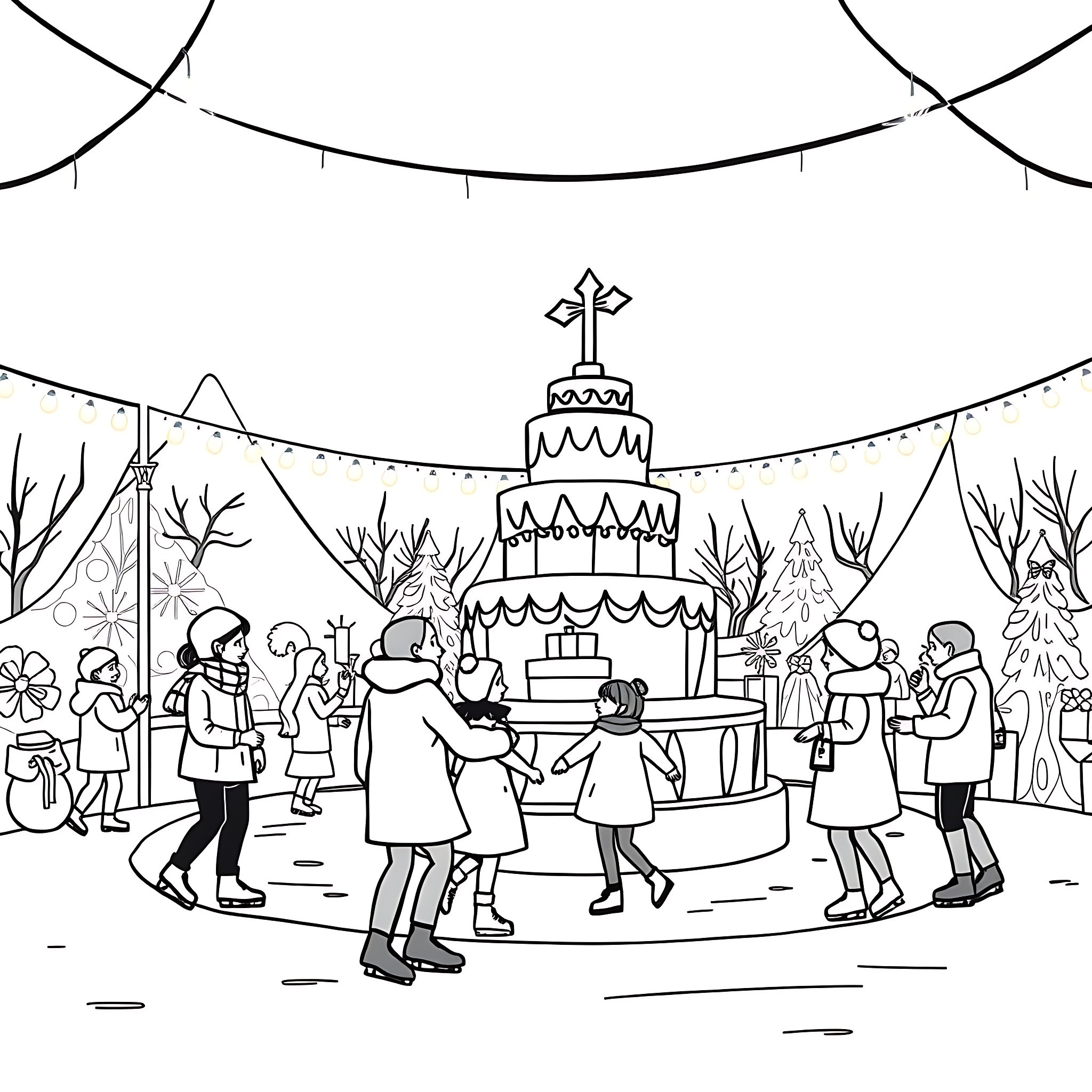 Cake and Celebrations at the Christmas Market Coloring Page (free black-and-white line drawing printable PDF for all, from beginners to advanced learners, including children, teens, adults, and seniors)