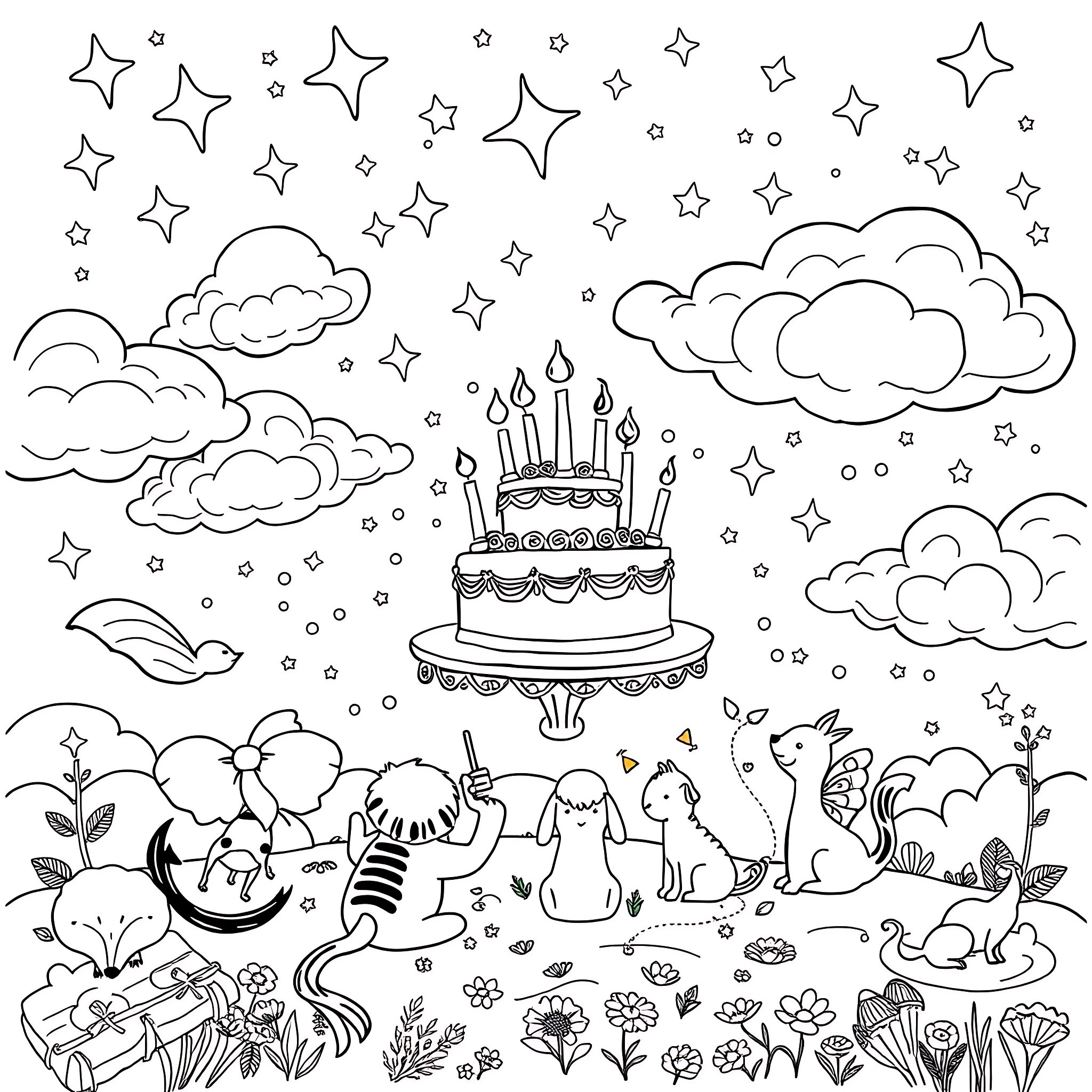 Cake and Pets Celebration under Starry Sky Coloring Page (free black-and-white line drawing printable PDF for all, from beginners to advanced learners, including children, teens, adults, and seniors)