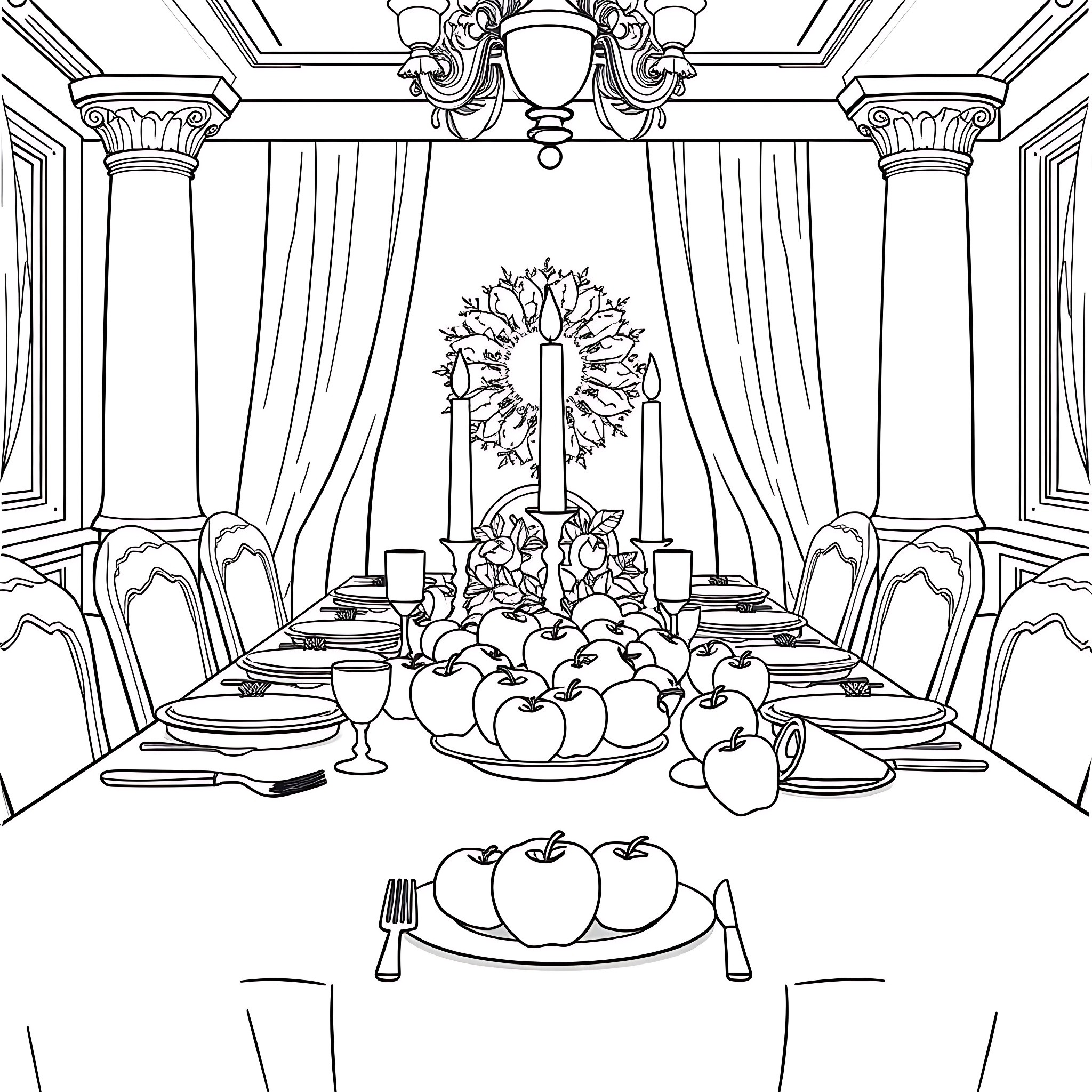 Apple Feast in a Lavish Dining Hall Coloring Page (free black-and-white line drawing printable PDF for all, from beginners to advanced learners, including children, teens, adults, and seniors)
