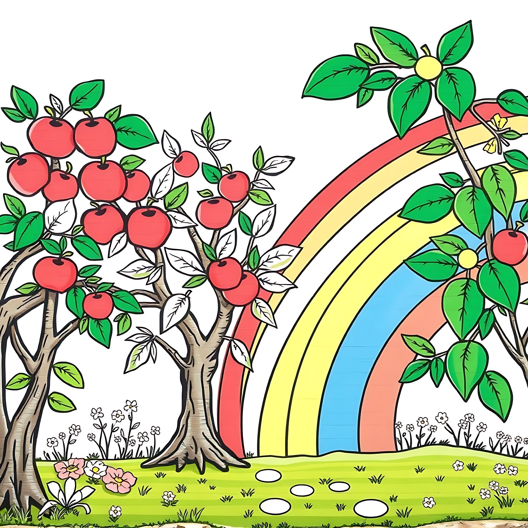 Apple Trees Flourishing under a Vibrant Rainbow Coloring Page (free black-and-white line drawing printable PDF for all, from beginners to advanced learners, including children, teens, adults, and seniors)