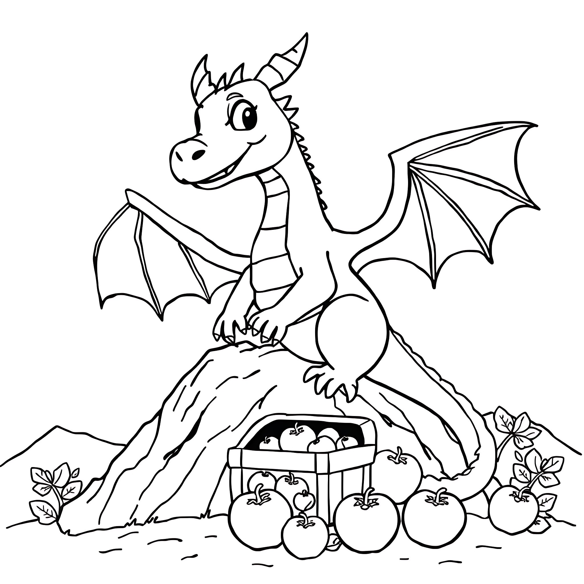 Apple the Dragon Guarding its Treasure Coloring Page (free black-and-white line drawing printable PDF for all, from beginners to advanced learners, including children, teens, adults, and seniors)