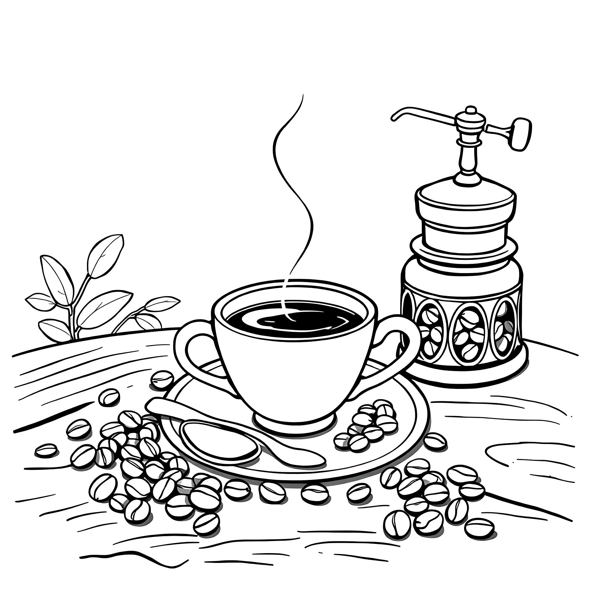 Coffee with Vintage Grinder and Beans Coloring Page (free black-and-white line drawing printable PDF for all, from beginners to advanced learners, including children, teens, adults, and seniors)