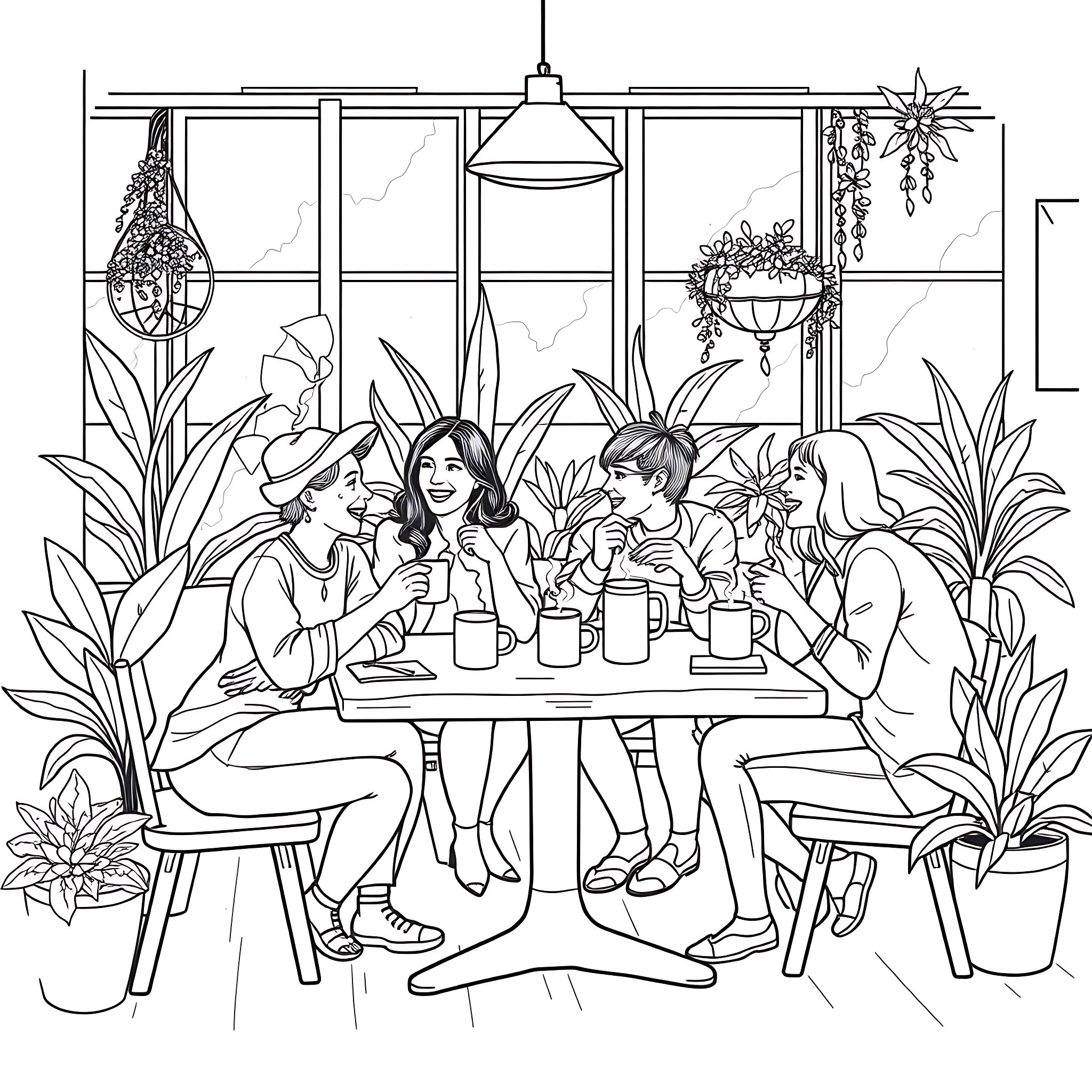Coffee with Friends in a Cozy Cafe Coloring Page (free black-and-white line drawing printable PDF for all, from beginners to advanced learners, including children, teens, adults, and seniors)